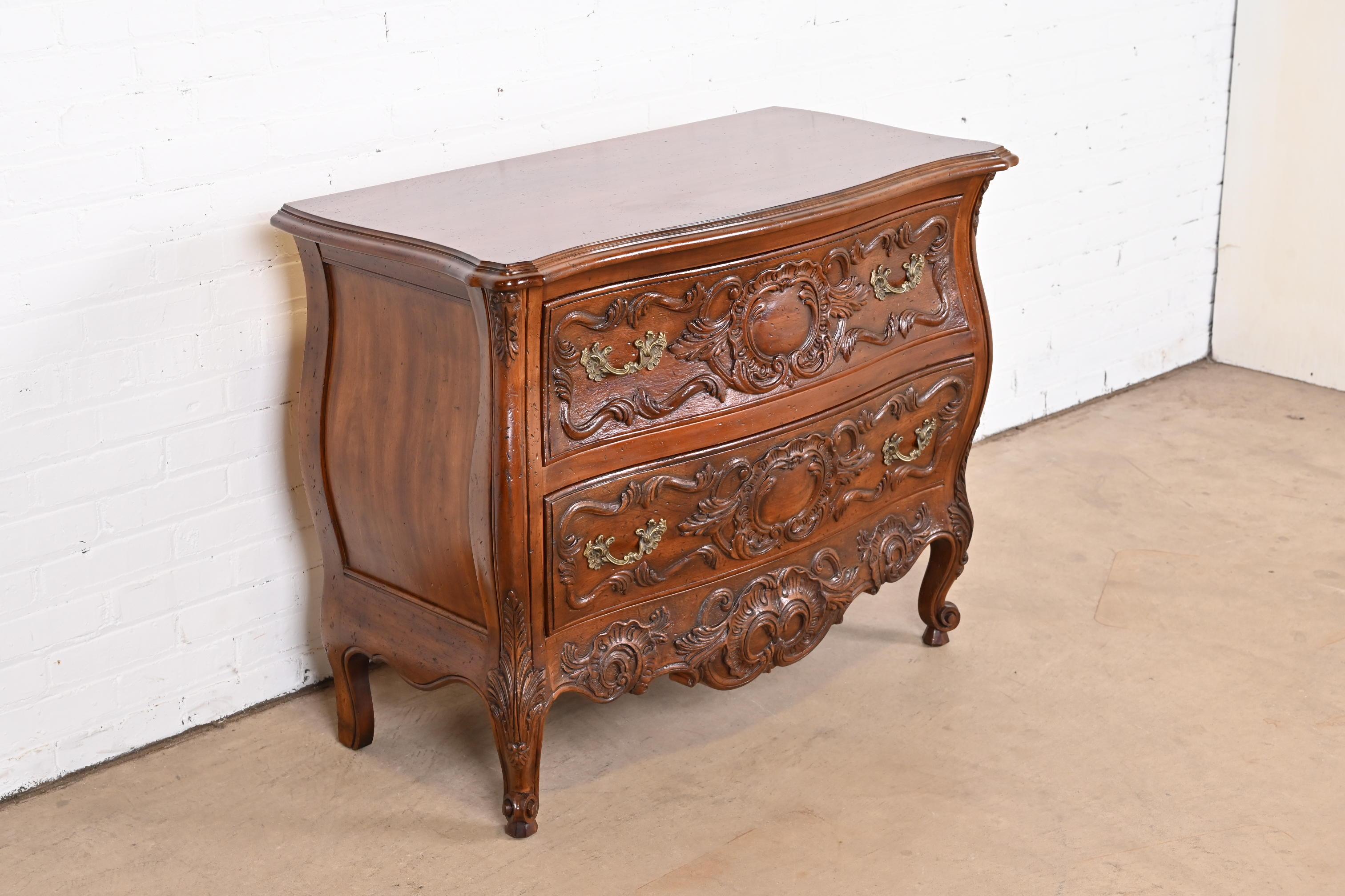 Brass John Widdicomb French Provincial Louis XV Walnut Commode or Chest of Drawers