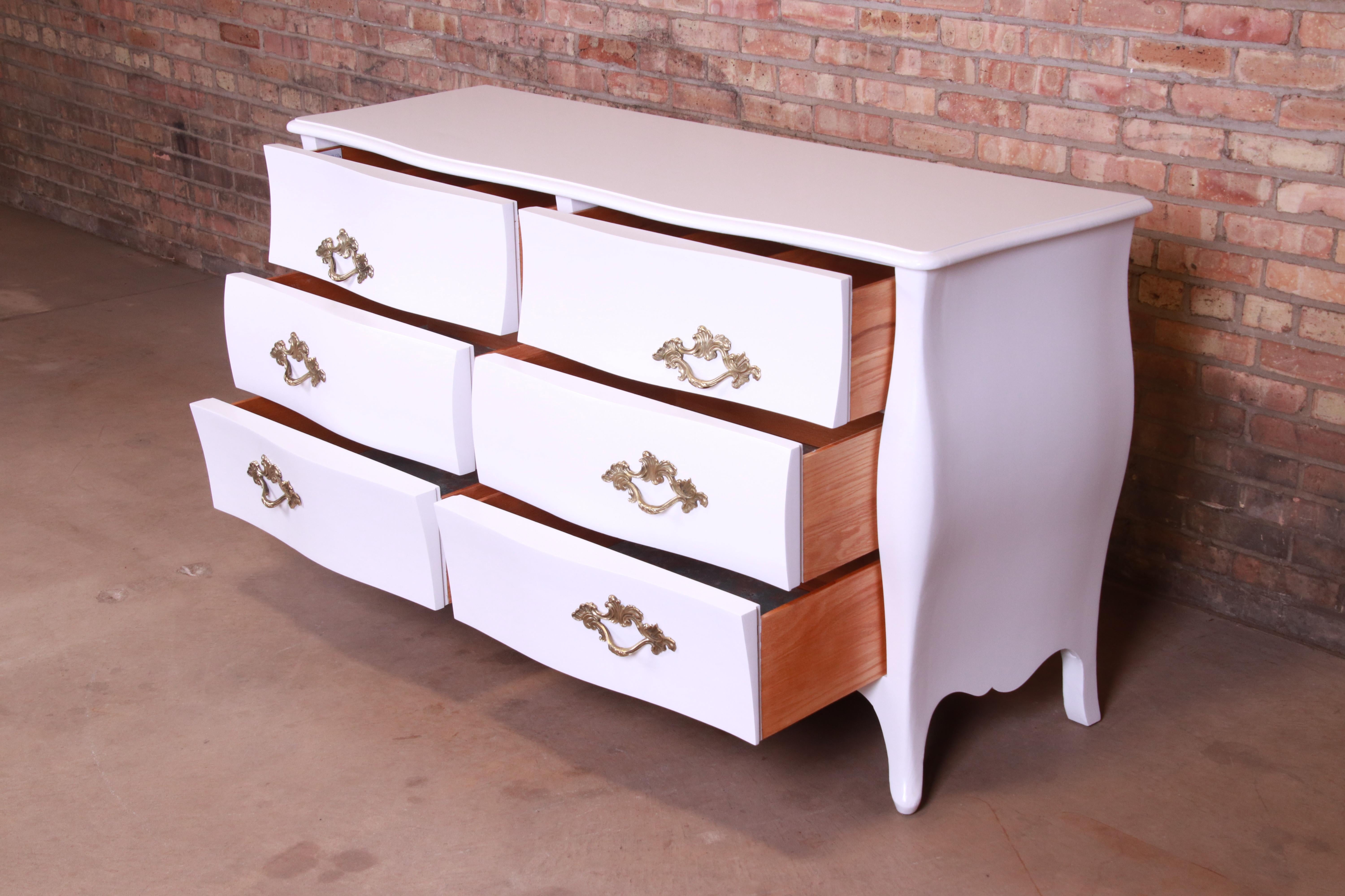 Brass John Widdicomb French Provincial Louis XV White Lacquered Dresser, Refinished