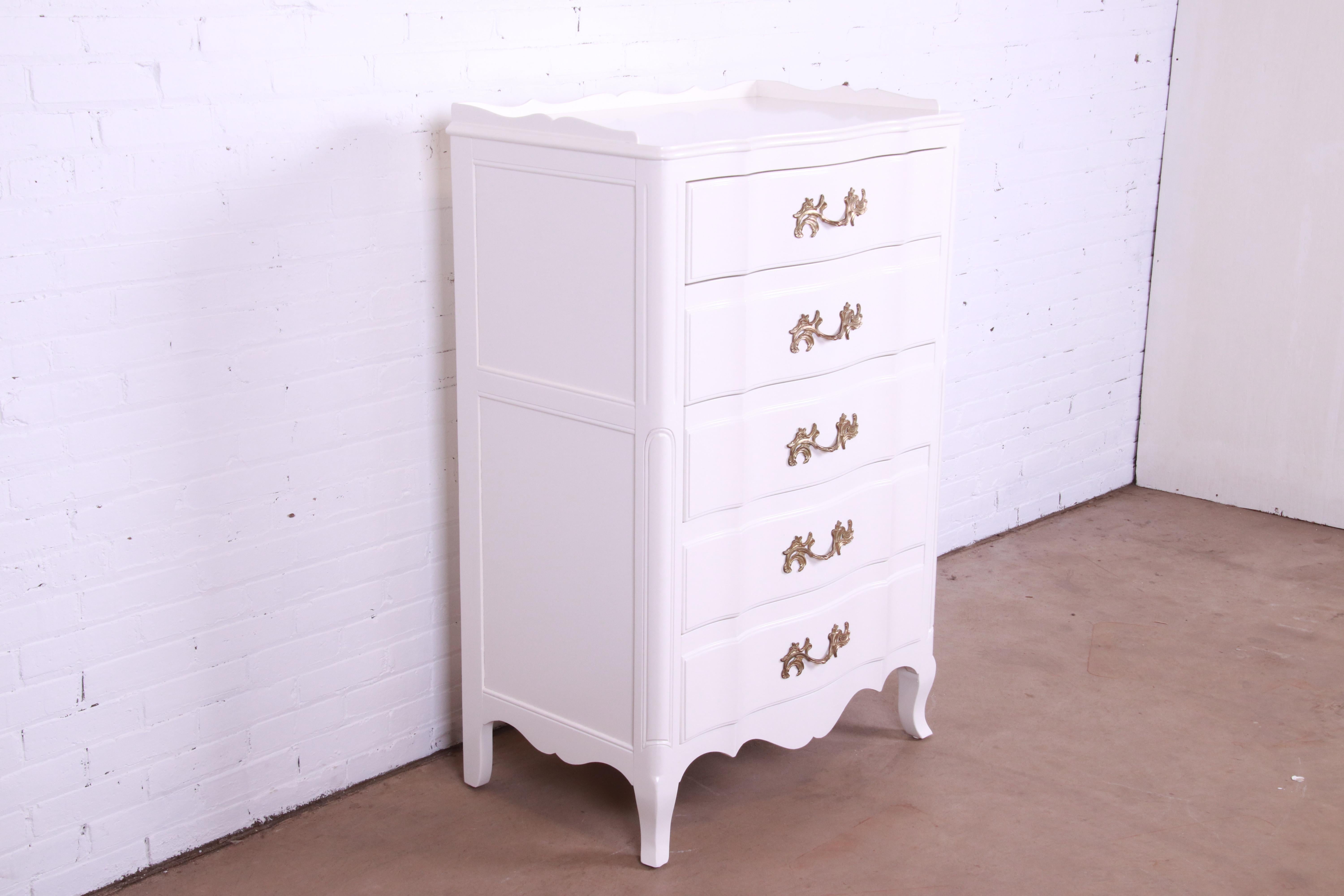 Brass John Widdicomb French Provincial Louis XV White Lacquered Dresser, Refinished