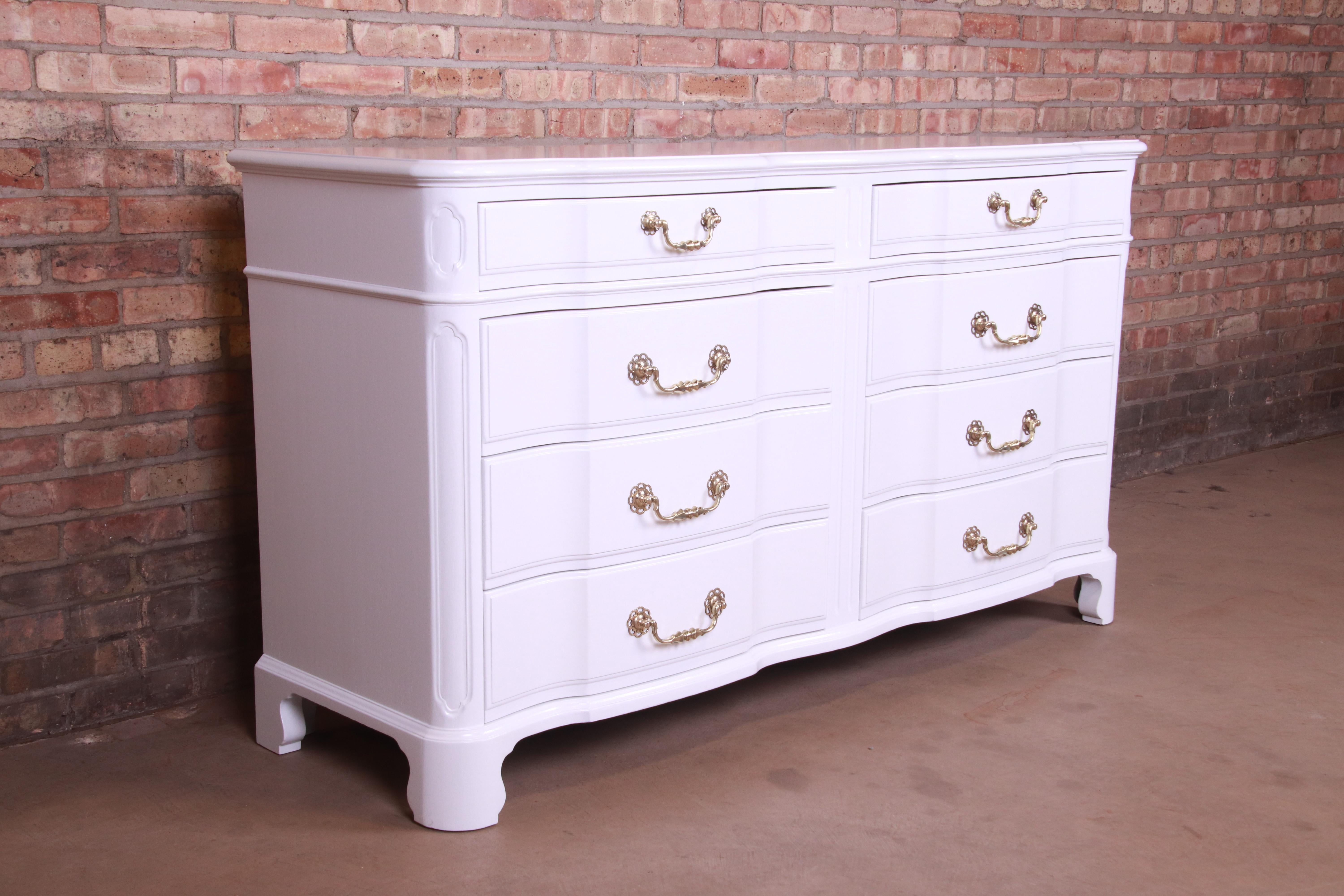 Brass John Widdicomb French Provincial White Lacquered Dresser, Newly Refinished For Sale