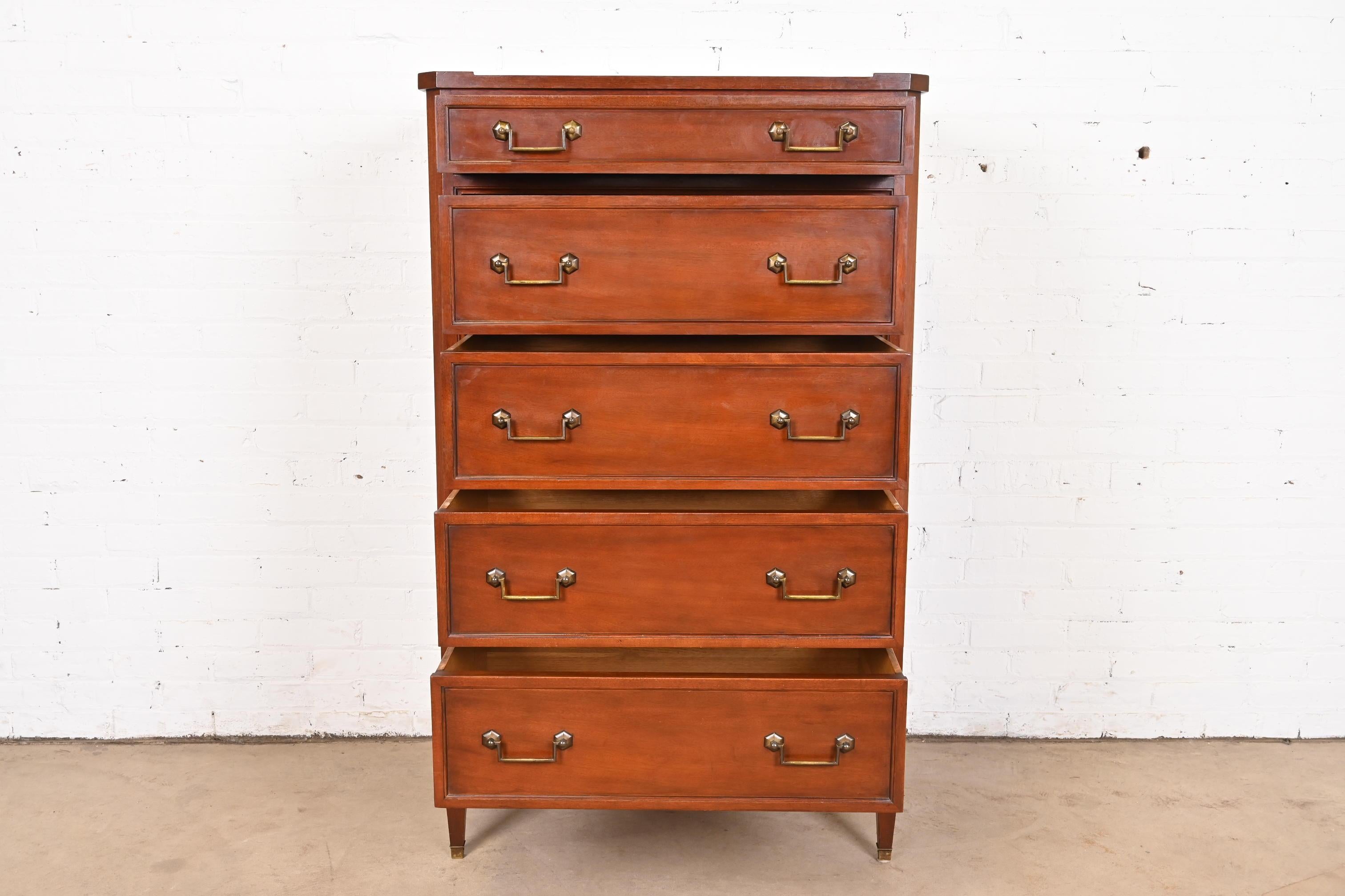 Brass John Widdicomb French Regency Louis XVI Mahogany Highboy Dresser, 1940s