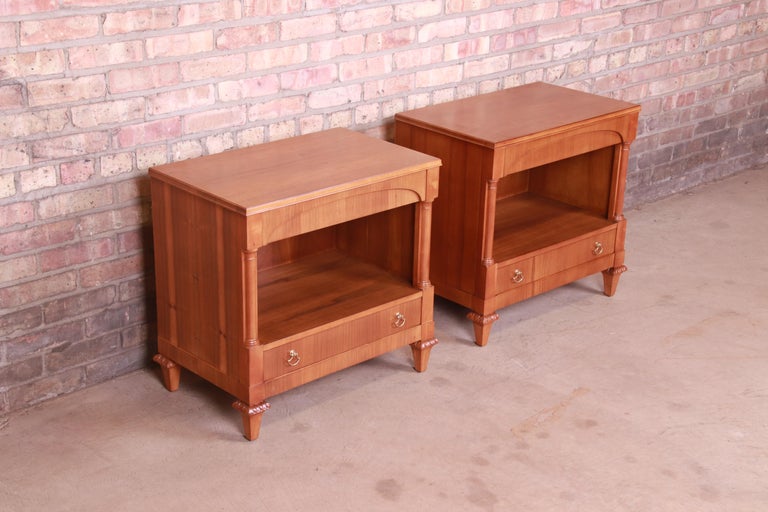 John Widdicomb French Regency Walnut Nightstands, Newly Refinished In Good Condition For Sale In South Bend, IN