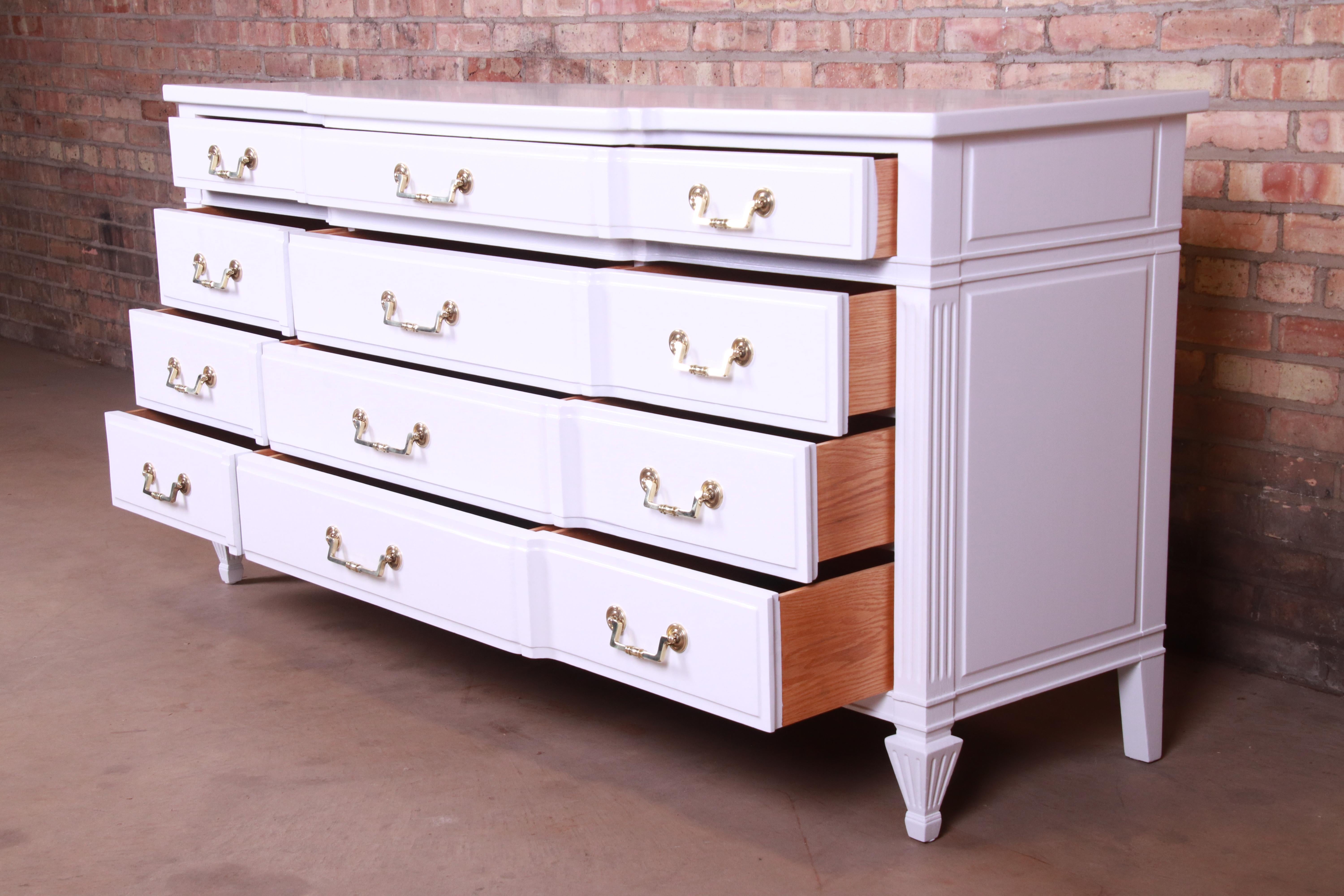 Brass John Widdicomb French Regency White Lacquered Triple Dresser, Newly Refinished