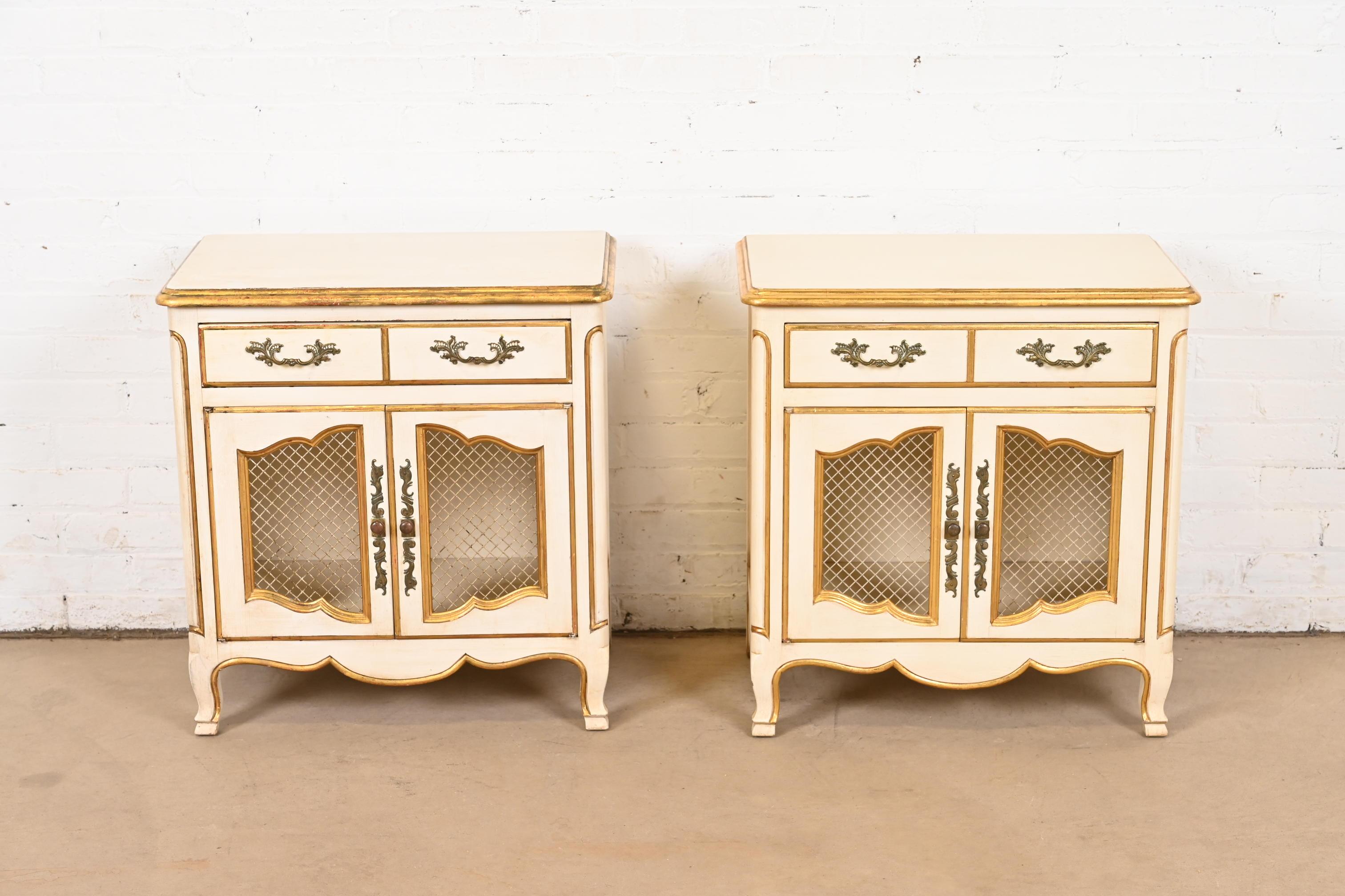 French Provincial John Widdicomb French Rococo Louis XV Cream Lacquered & Parcel Gilt Nightstands For Sale