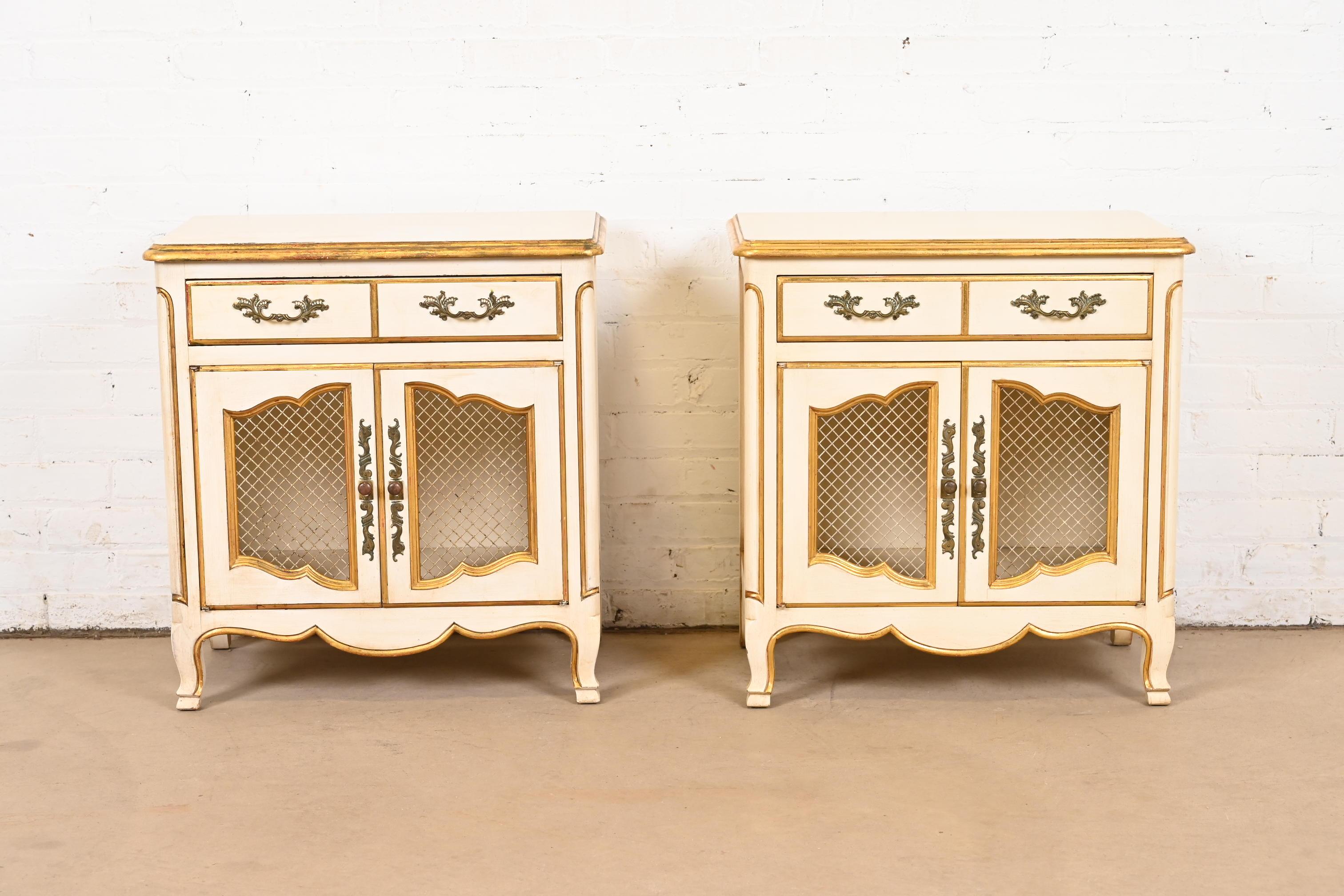 American John Widdicomb French Rococo Louis XV Cream Lacquered & Parcel Gilt Nightstands For Sale