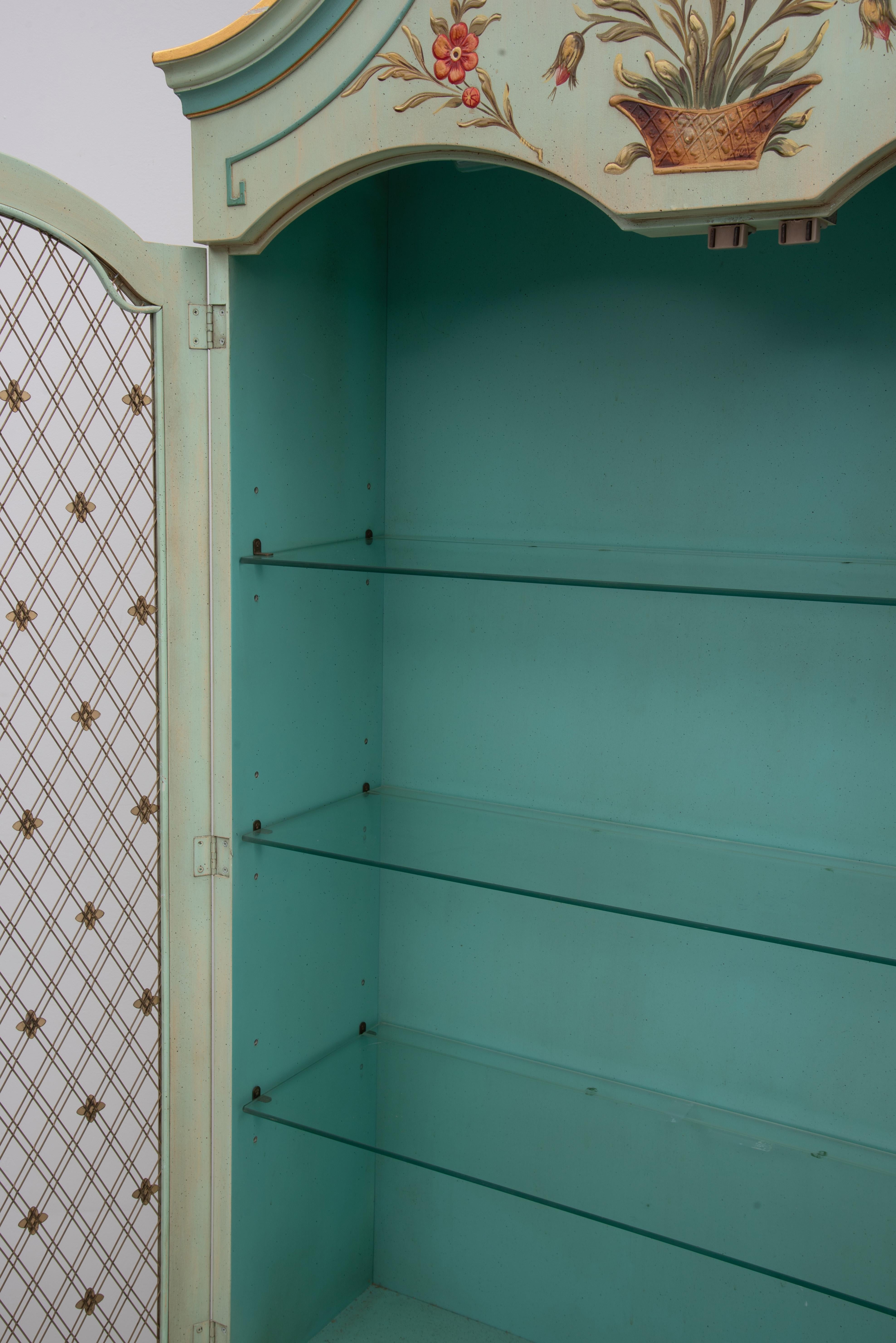 John Widdicomb Green Paint Decorated French Style Curio China Cabinet Brass Latt 4