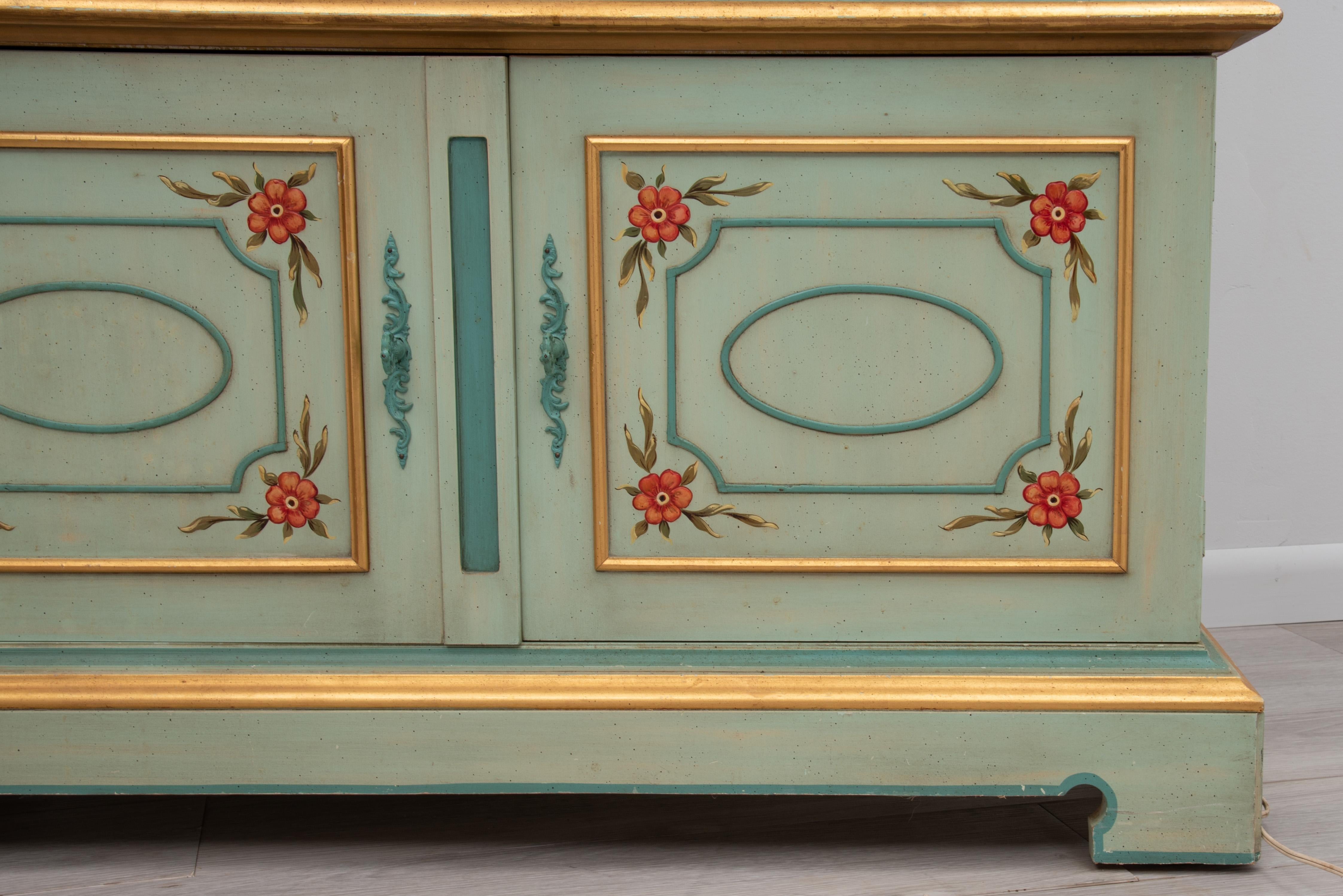 John Widdicomb Green Paint Decorated French Style Curio China Cabinet Brass Latt 6
