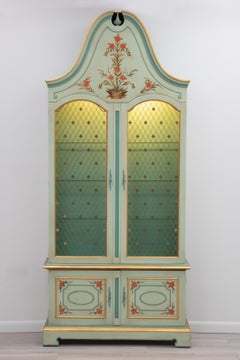 John Widdicomb Green Paint Decorated French Style Curio China Cabinet Brass Latt