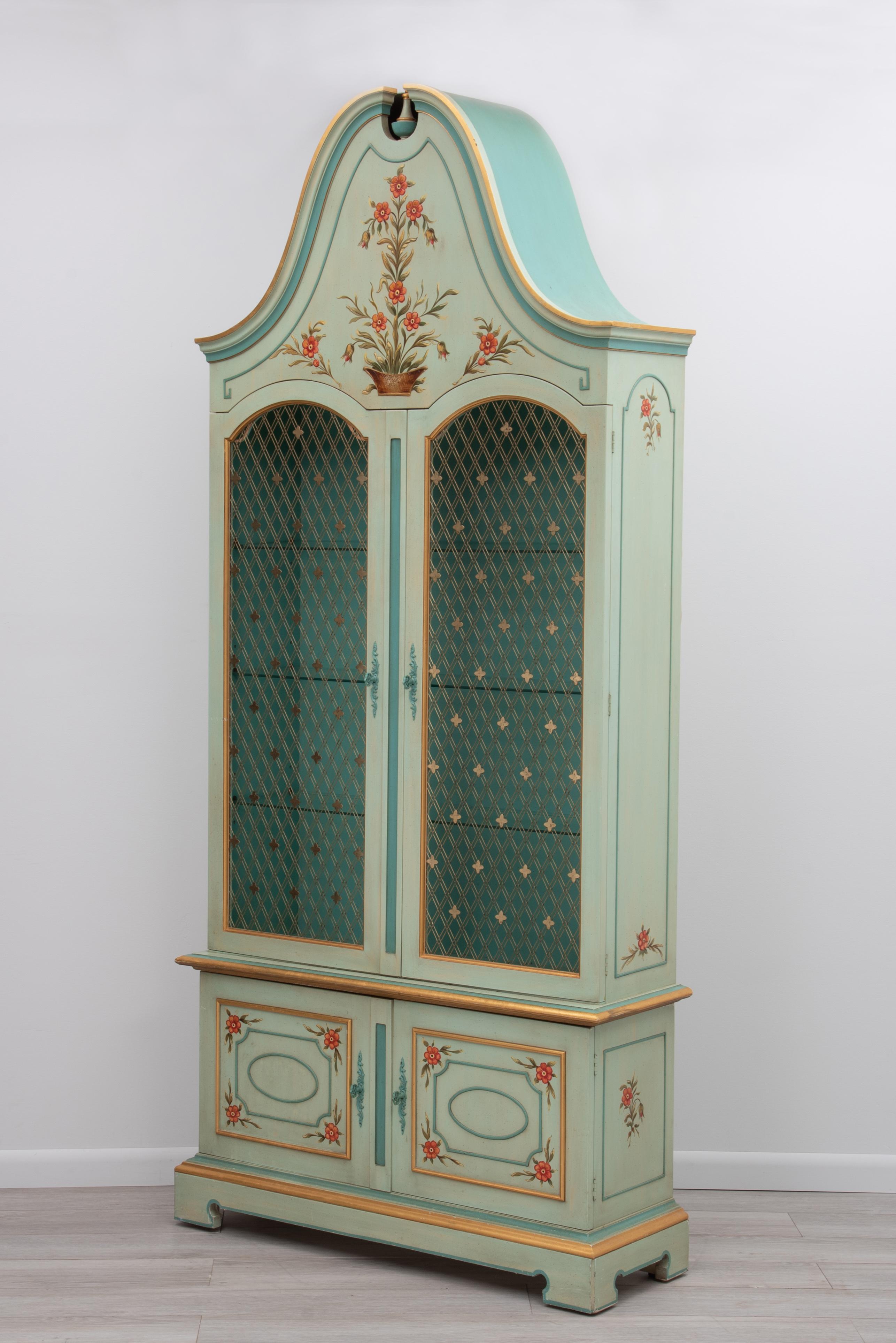 French Provincial John Widdicomb Green Paint Decorated French Style Curio China Cabinet Brass Latt