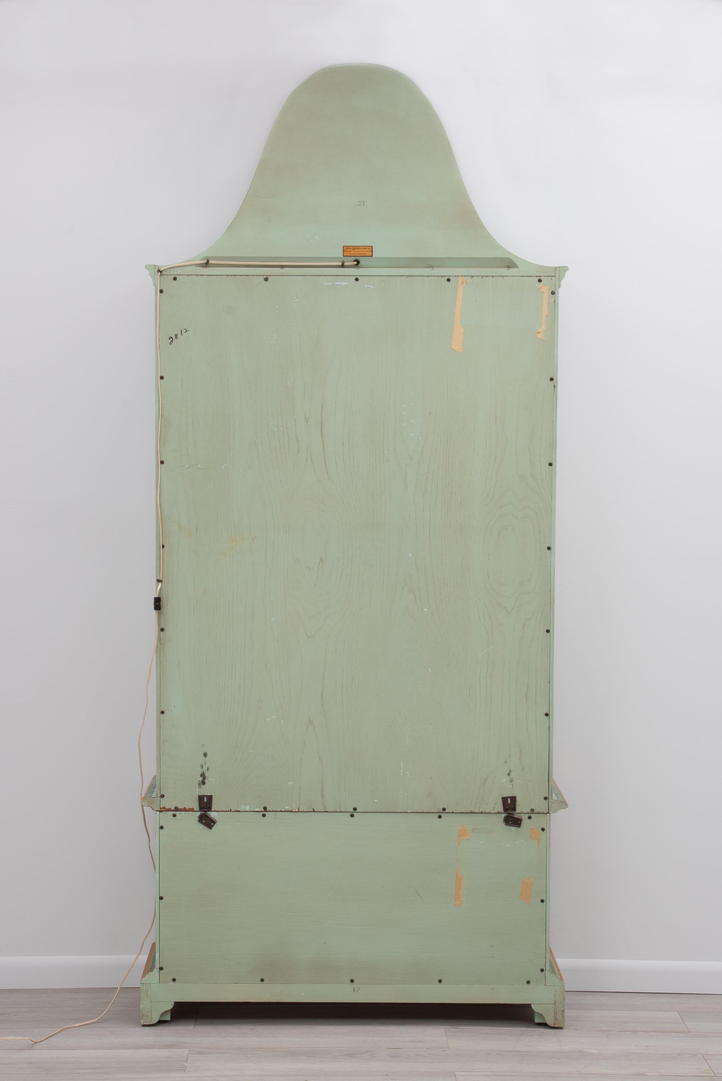 Mid-20th Century John Widdicomb Green Paint Decorated French Style Curio China Cabinet Brass Latt