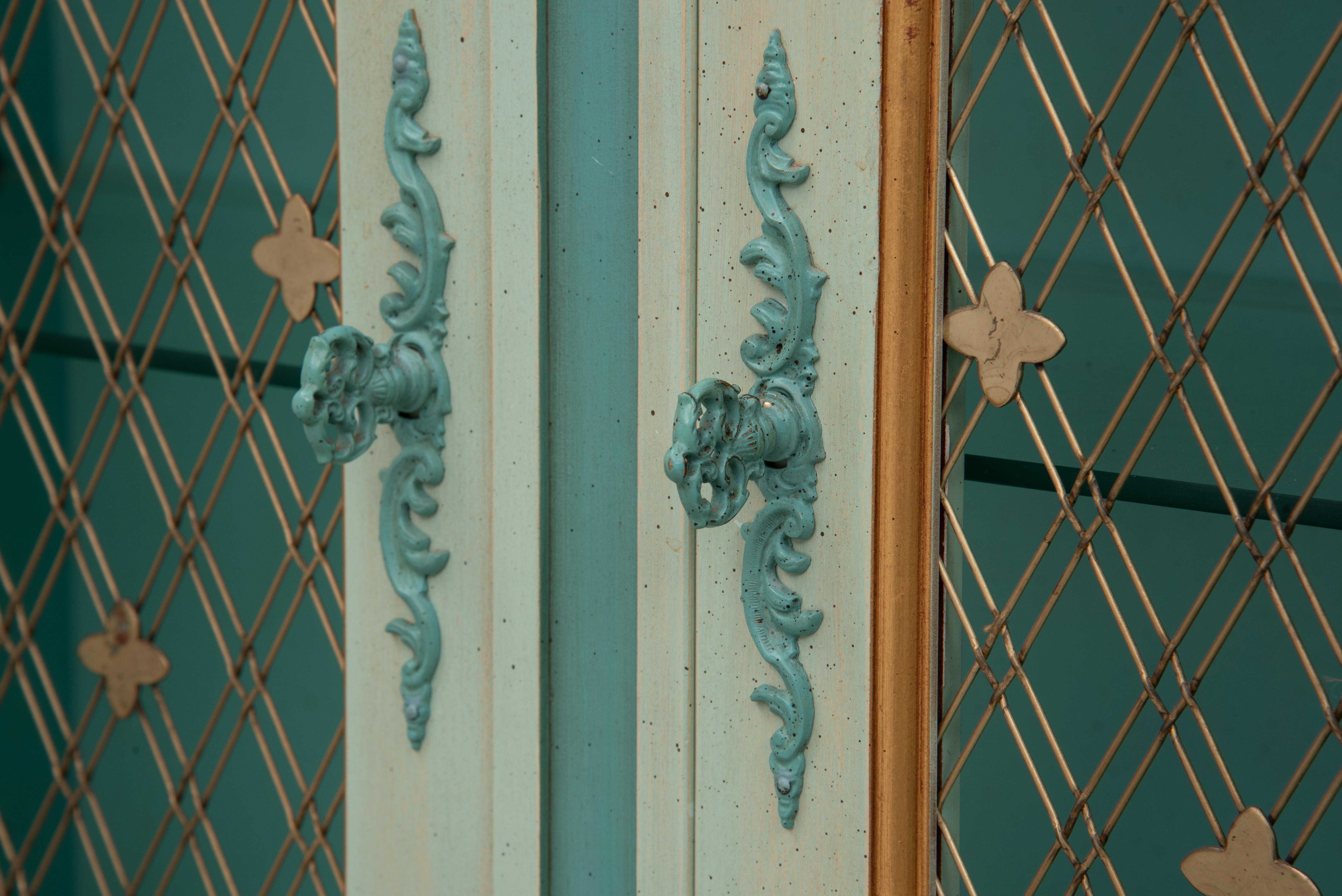 John Widdicomb Green Paint Decorated French Style Curio China Cabinet Brass Latt 1
