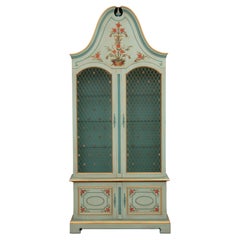 Vintage John Widdicomb Green Paint Decorated French Style Curio China Cabinet Brass Latt