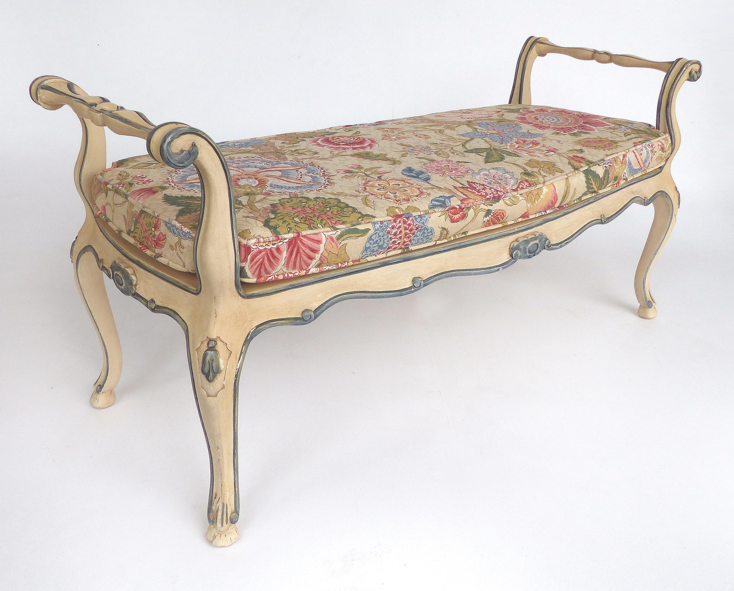 John Widdicomb Hand Painted Louis XV Style Caned Bench with Cushion

Offered for sale is a Louis XV style bench from a bedroom suite by John Widdicomb of Grand Rapids, MI, This hand painted bench has a caned seat that supports a loose fitted seat