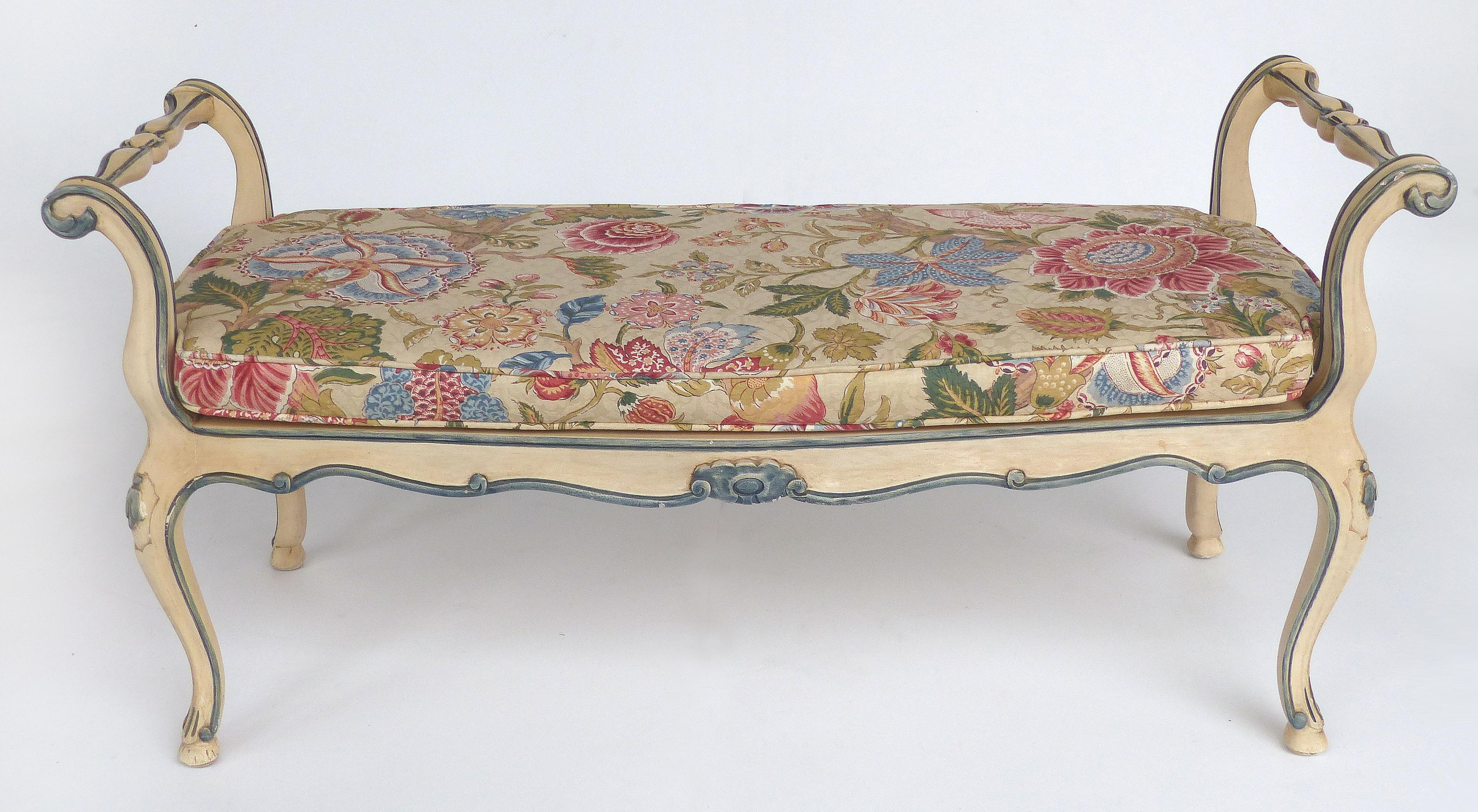 American John Widdicomb Hand Painted Louis XV Style Caned Bench with Cushion