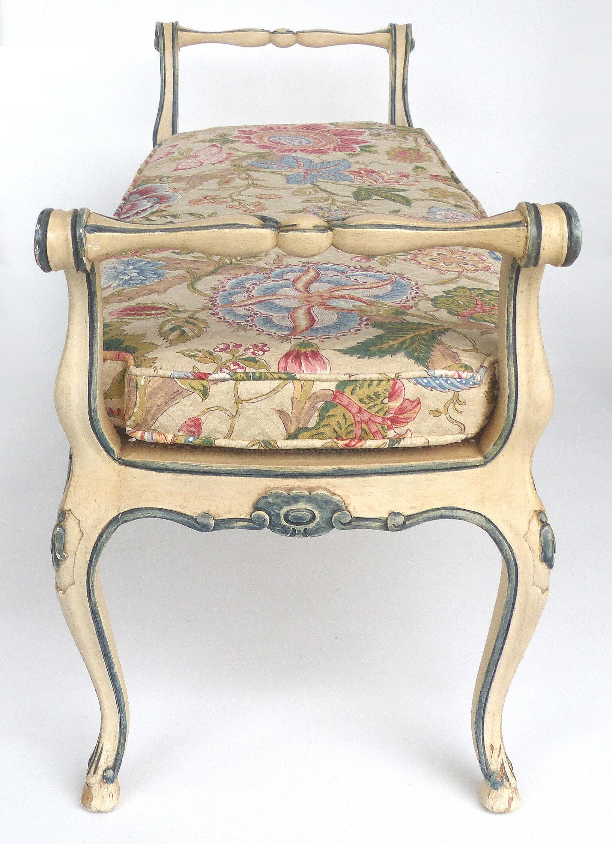 Hand-Painted John Widdicomb Hand Painted Louis XV Style Caned Bench with Cushion