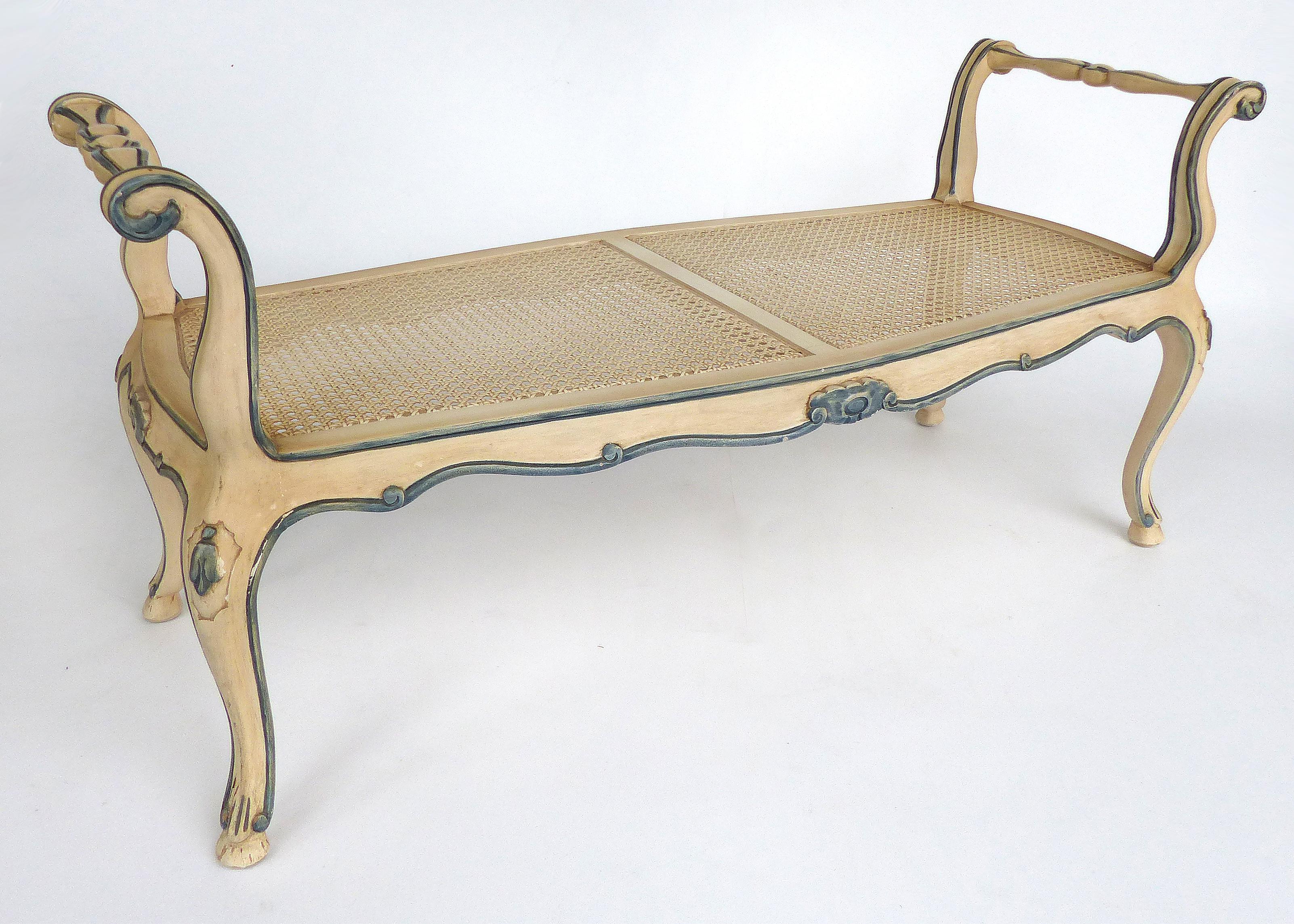 John Widdicomb Hand Painted Louis XV Style Caned Bench with Cushion In Good Condition In Miami, FL