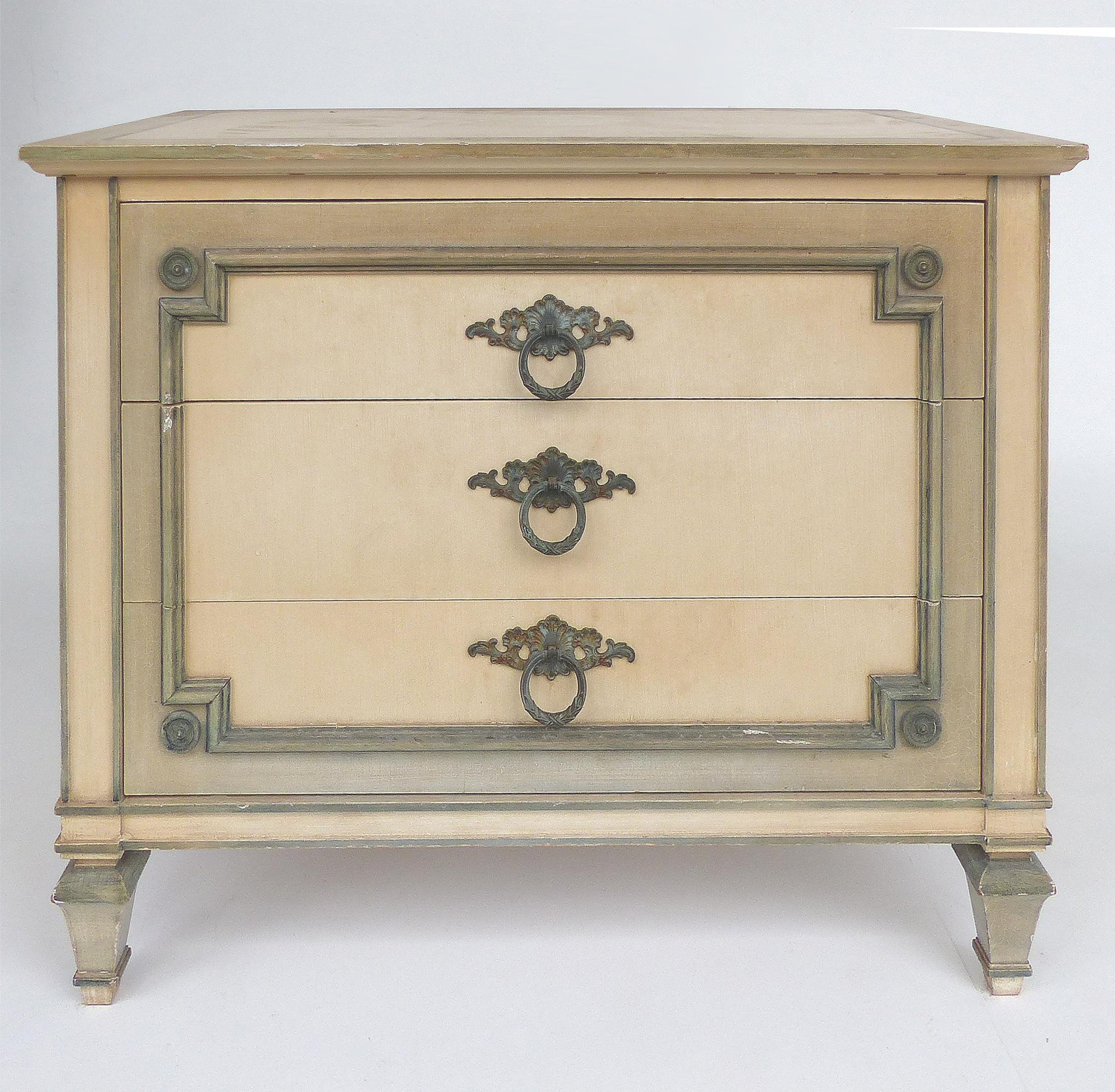 Neoclassical John Widdicomb Hand Painted Night Tables with Drawers, Pair