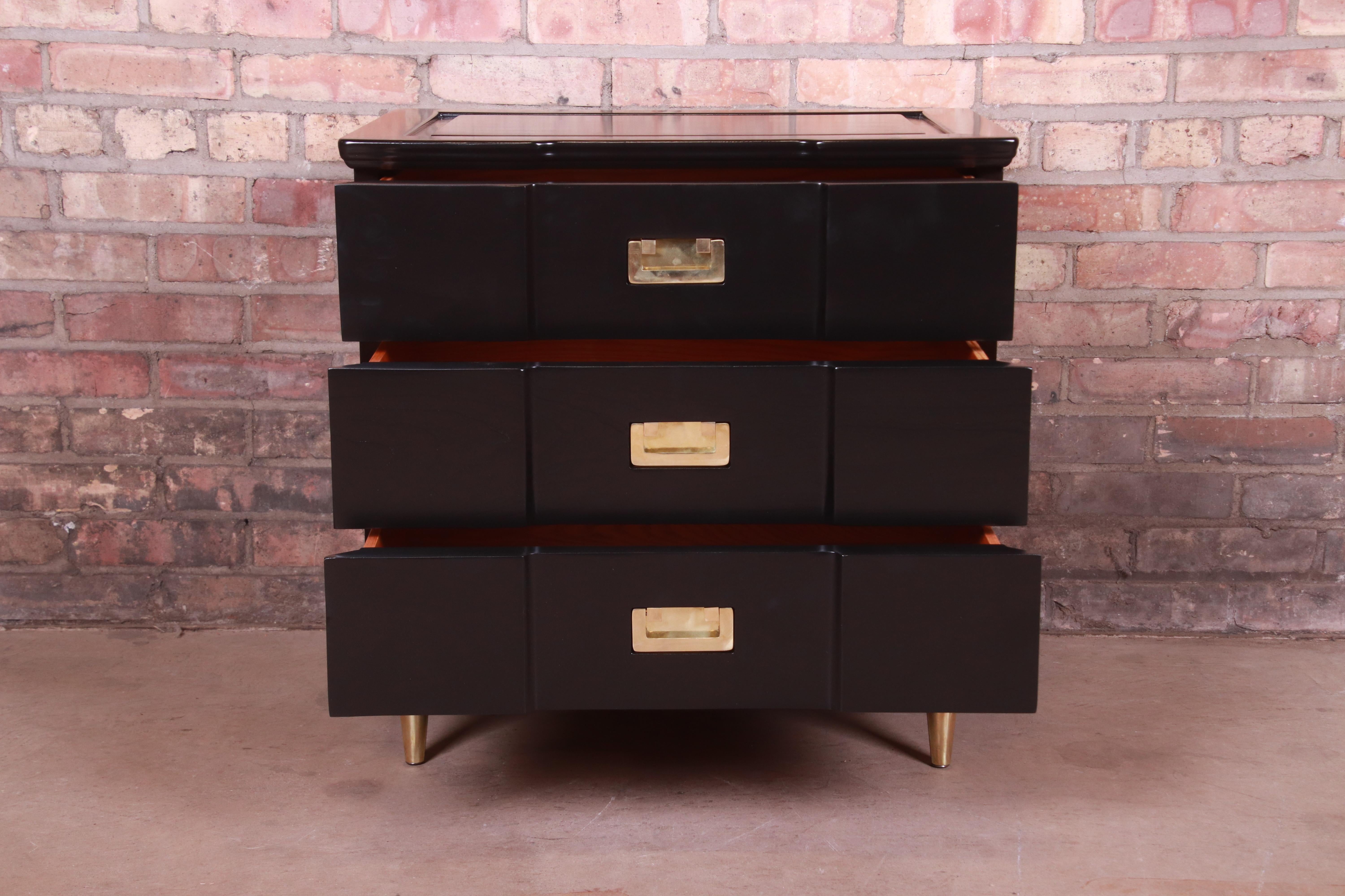 John Widdicomb Hollywood Regency Black Lacquered Bedside Chest, Newly Refinished 3