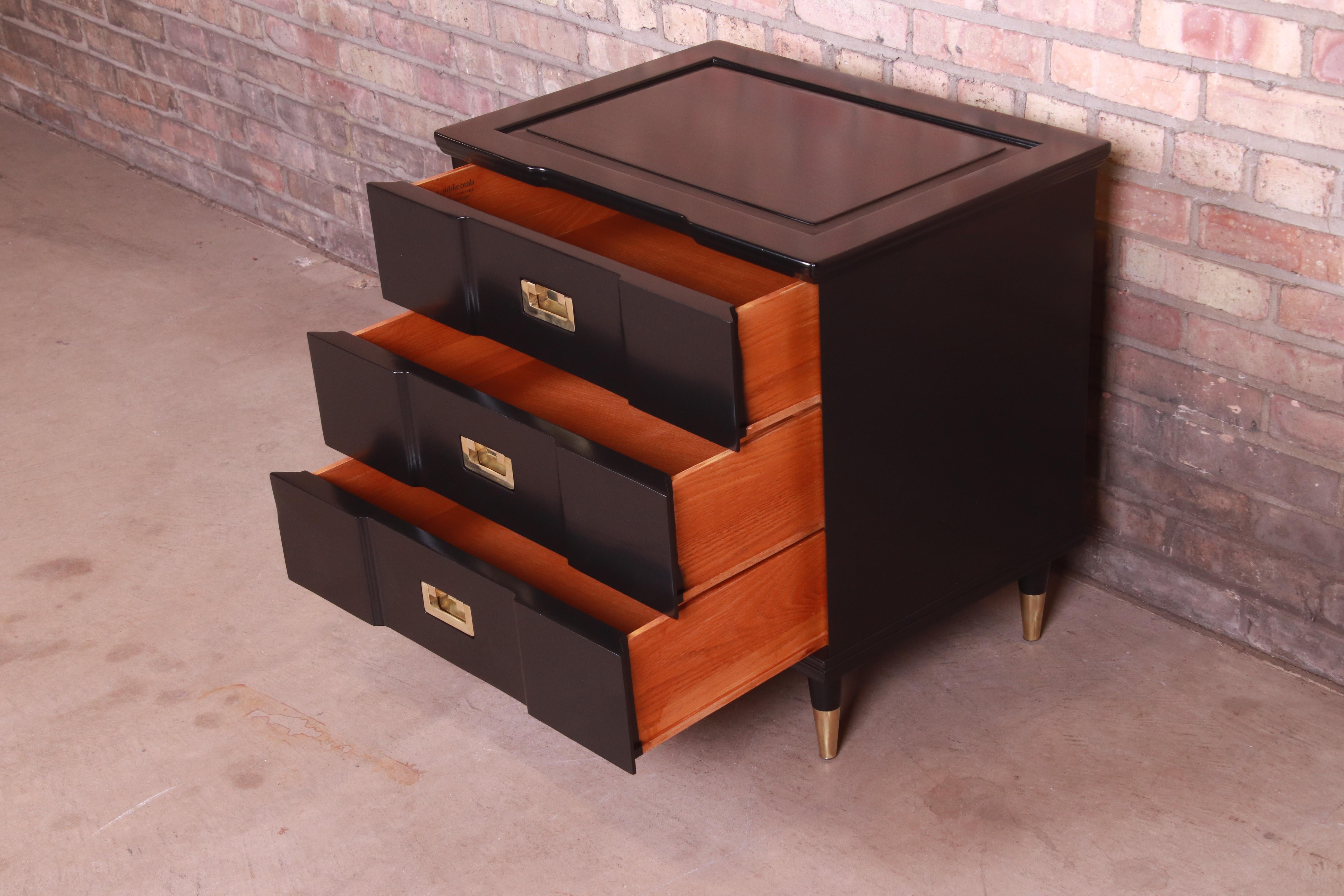 John Widdicomb Hollywood Regency Black Lacquered Bedside Chest, Newly Refinished 4