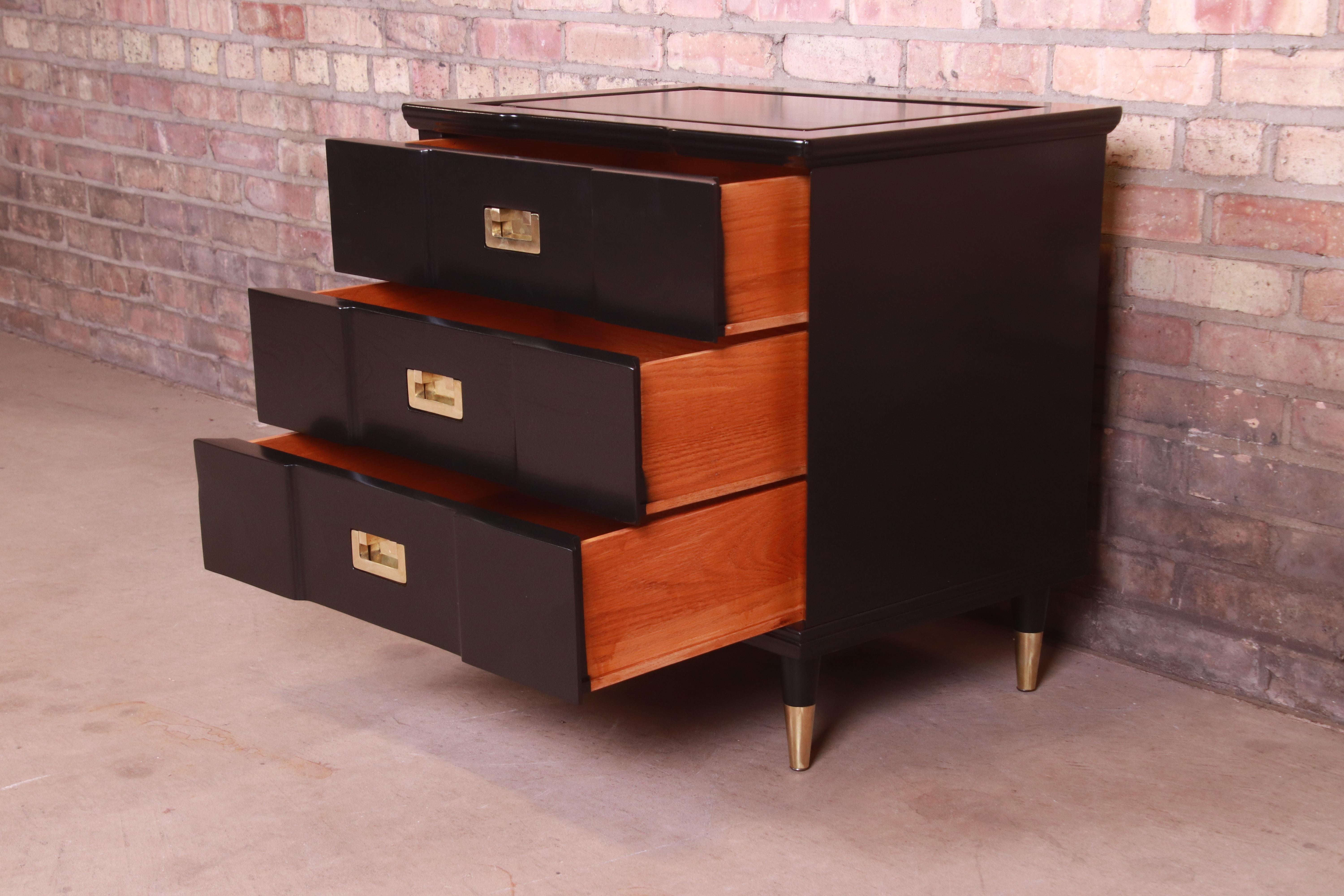 John Widdicomb Hollywood Regency Black Lacquered Bedside Chest, Newly Refinished 5