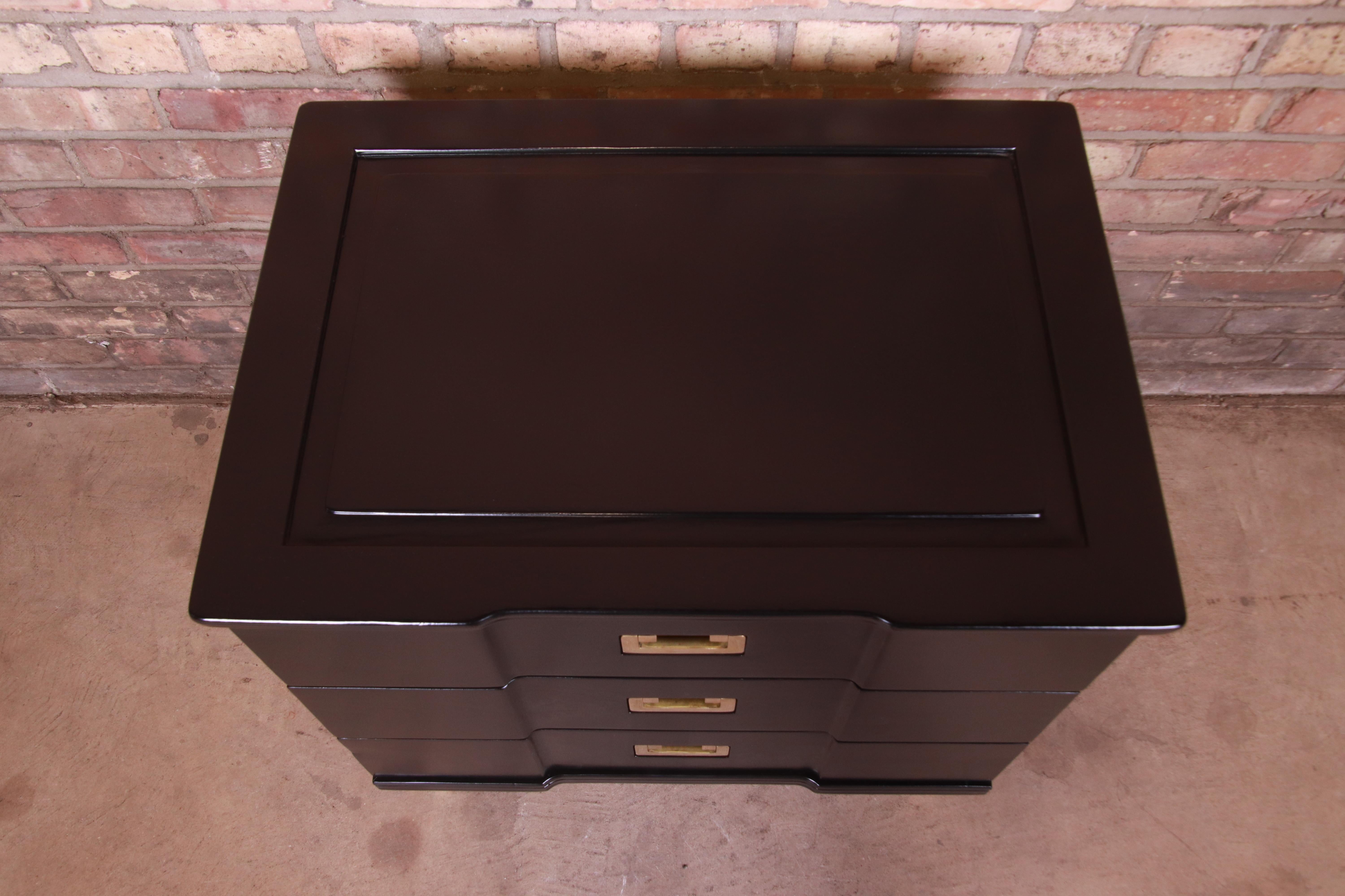 John Widdicomb Hollywood Regency Black Lacquered Bedside Chest, Newly Refinished 6