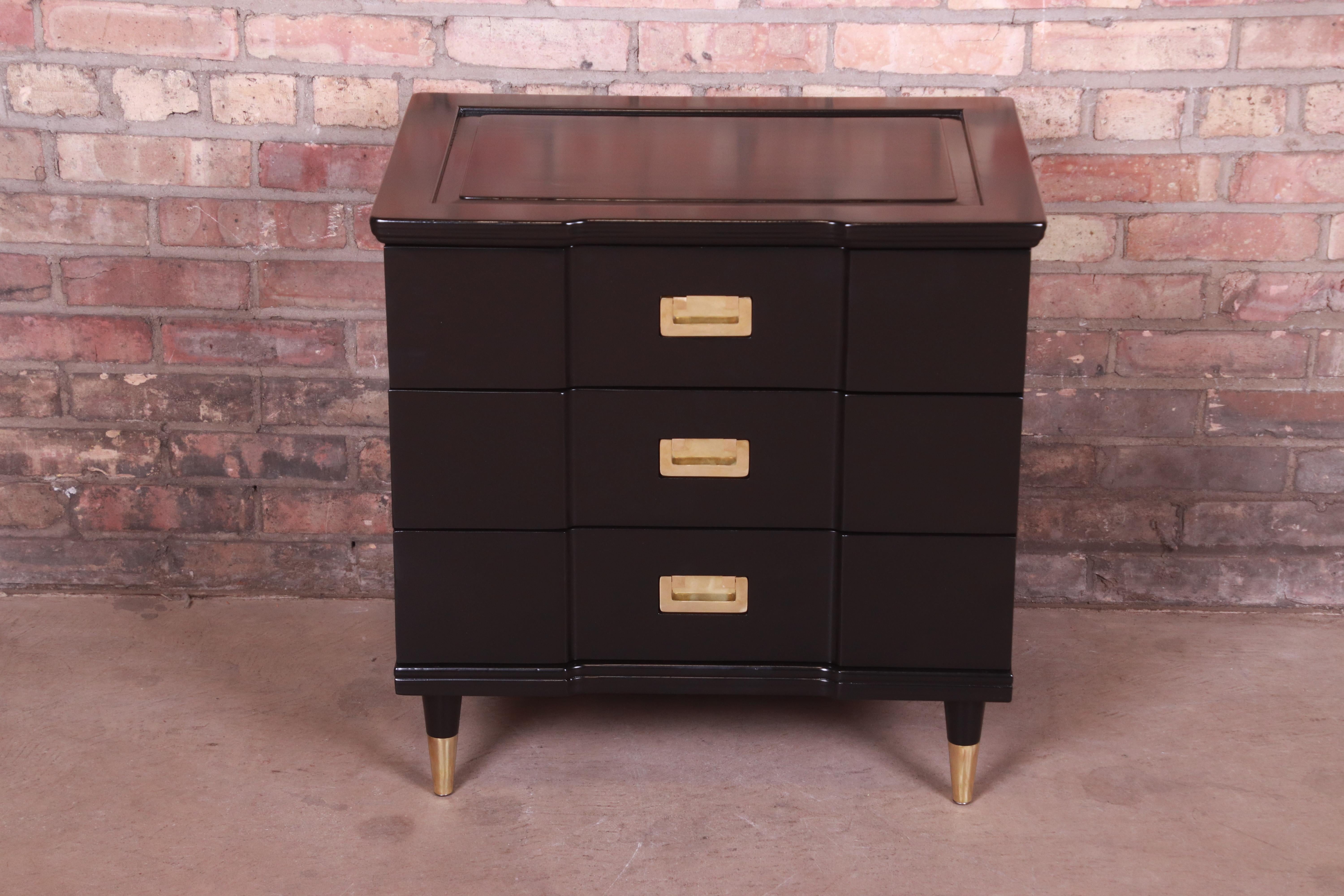Mid-Century Modern John Widdicomb Hollywood Regency Black Lacquered Bedside Chest, Newly Refinished