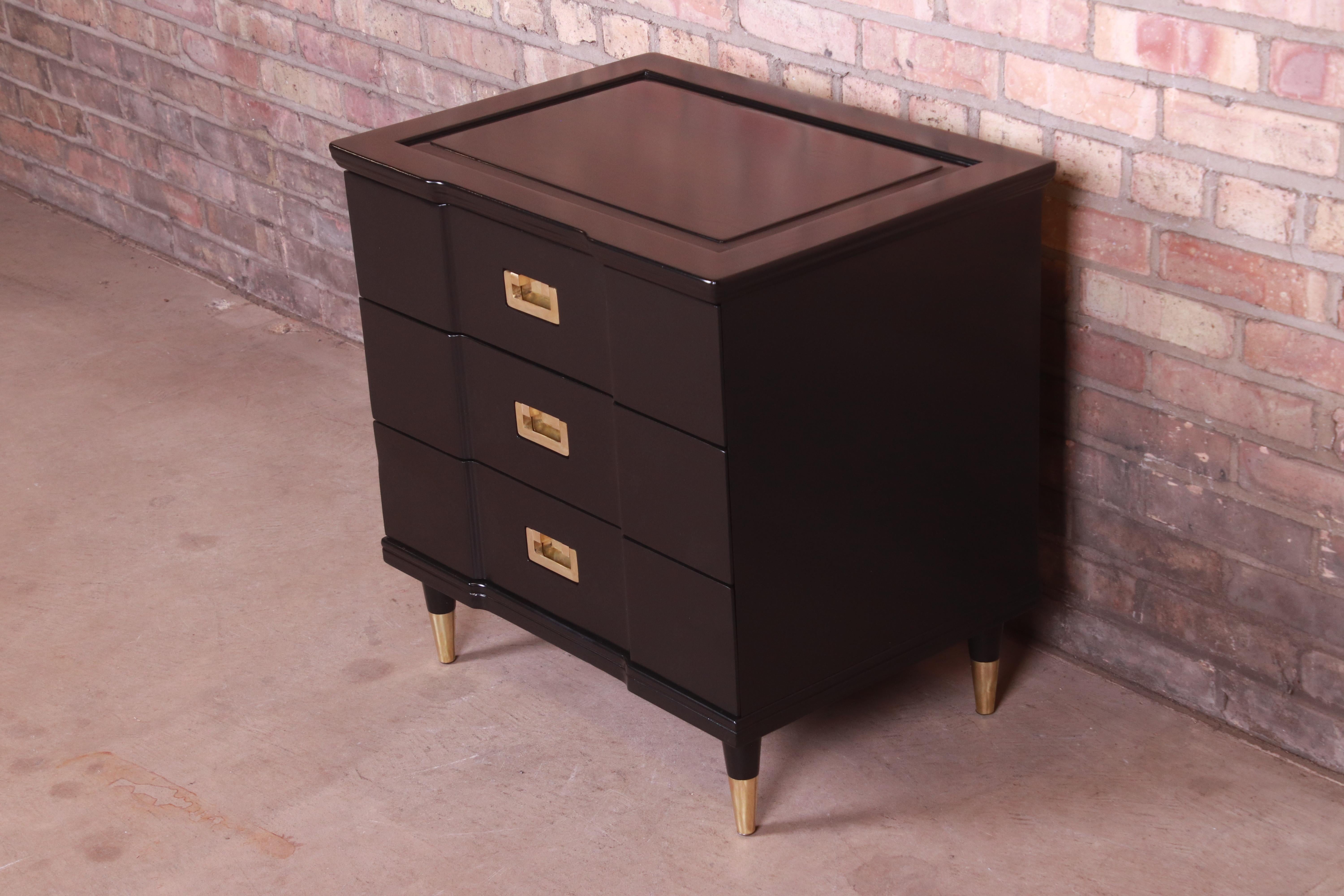 American John Widdicomb Hollywood Regency Black Lacquered Bedside Chest, Newly Refinished