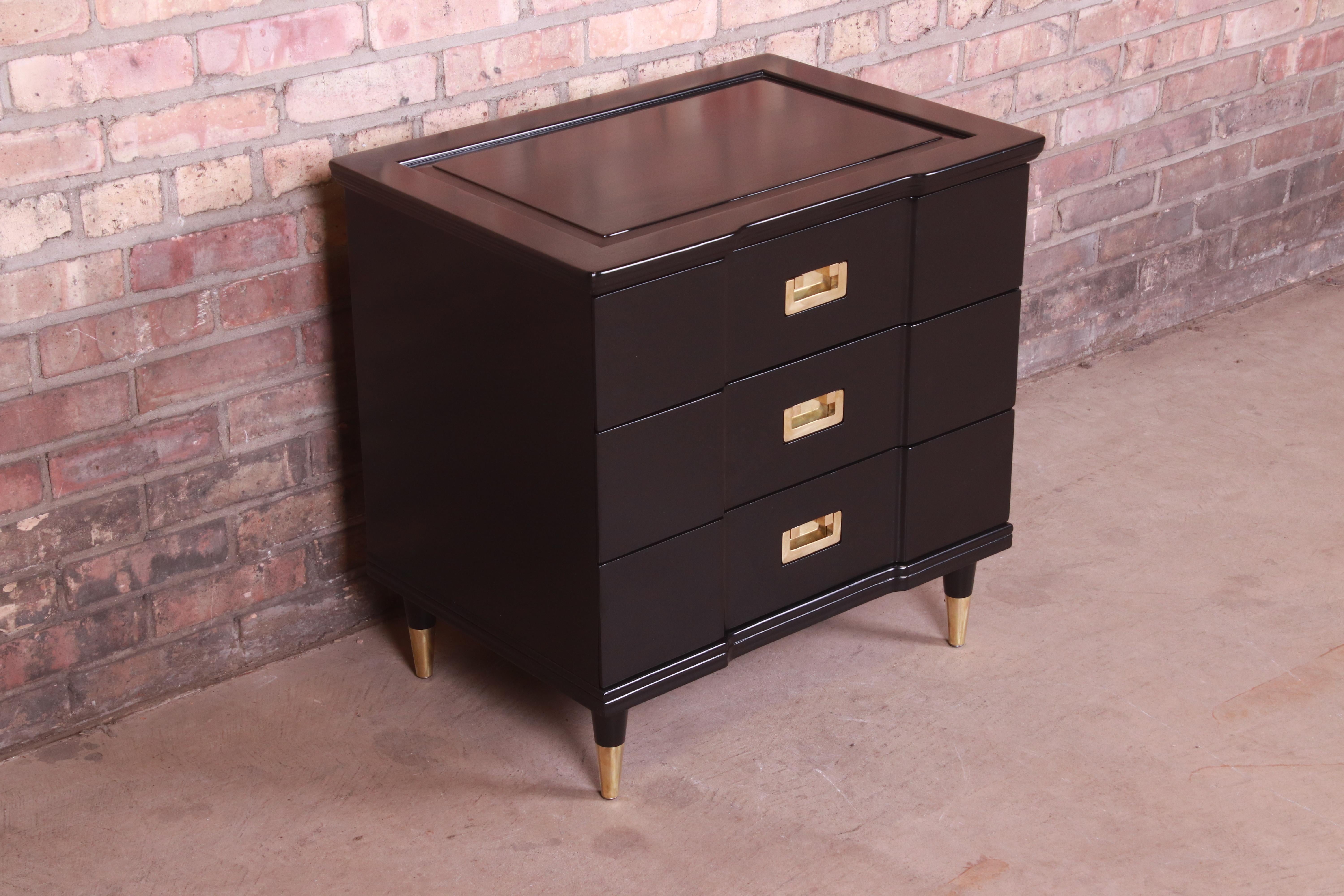 John Widdicomb Hollywood Regency Black Lacquered Bedside Chest, Newly Refinished In Good Condition In South Bend, IN