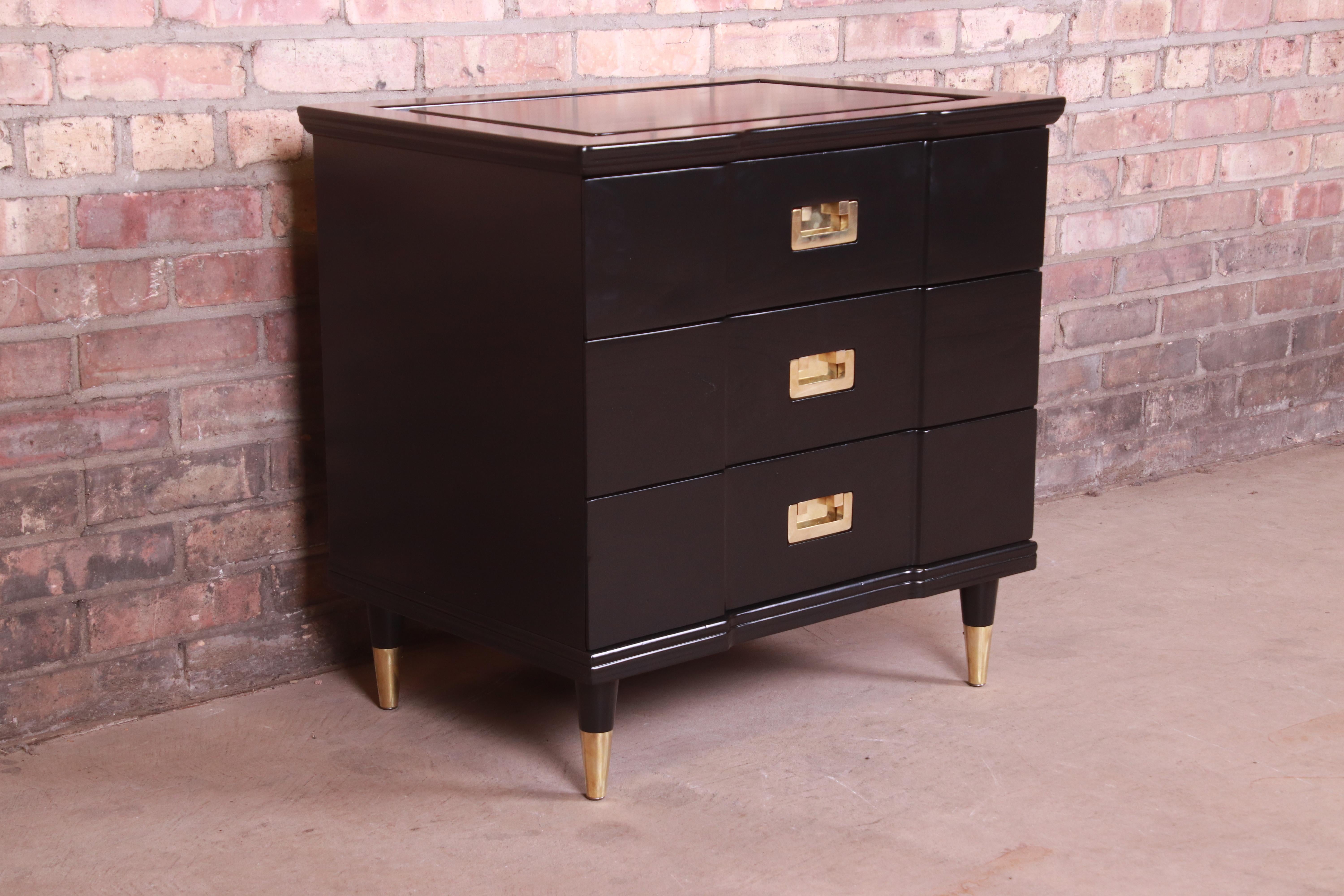 Mid-20th Century John Widdicomb Hollywood Regency Black Lacquered Bedside Chest, Newly Refinished