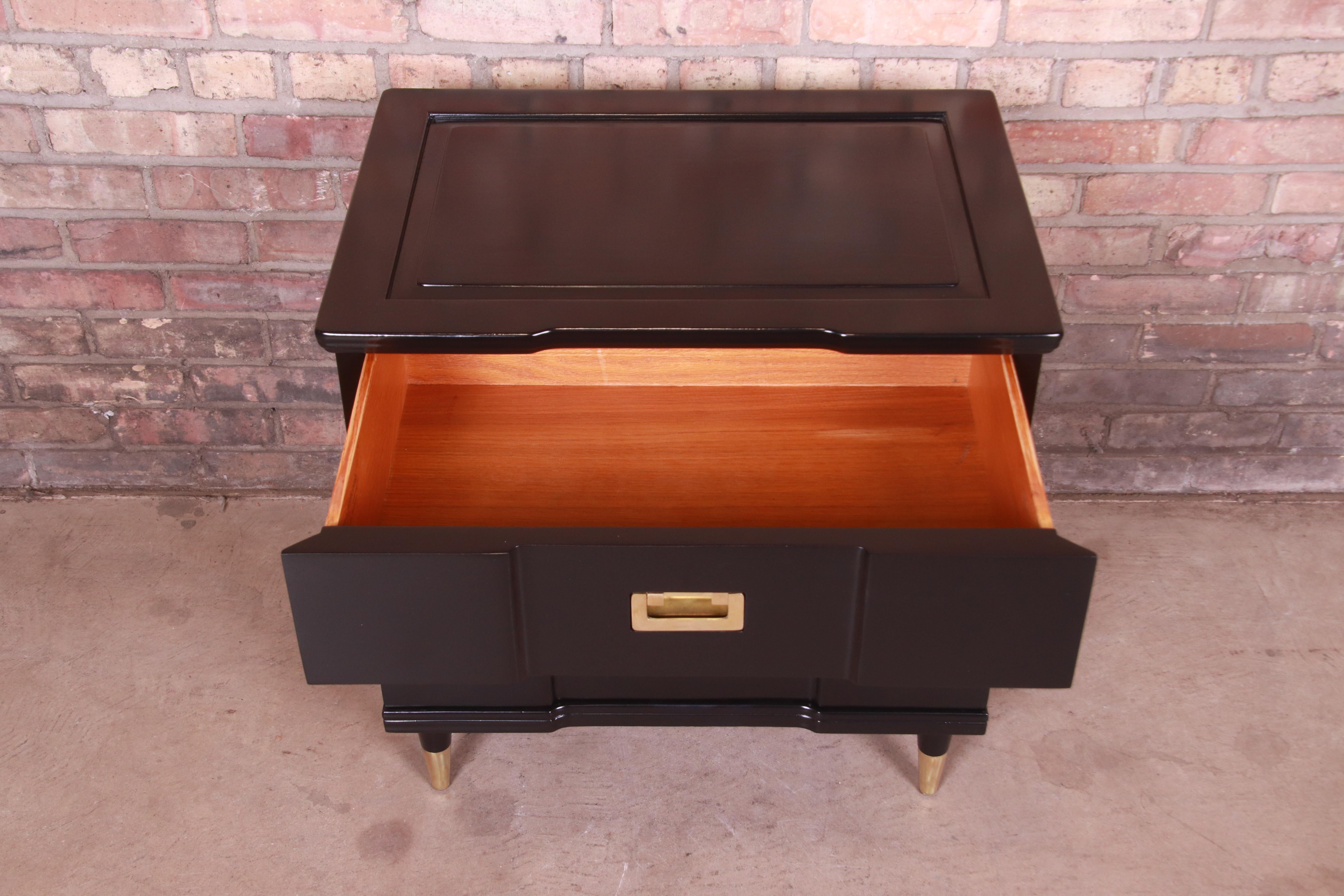 Brass John Widdicomb Hollywood Regency Black Lacquered Bedside Chest, Newly Refinished