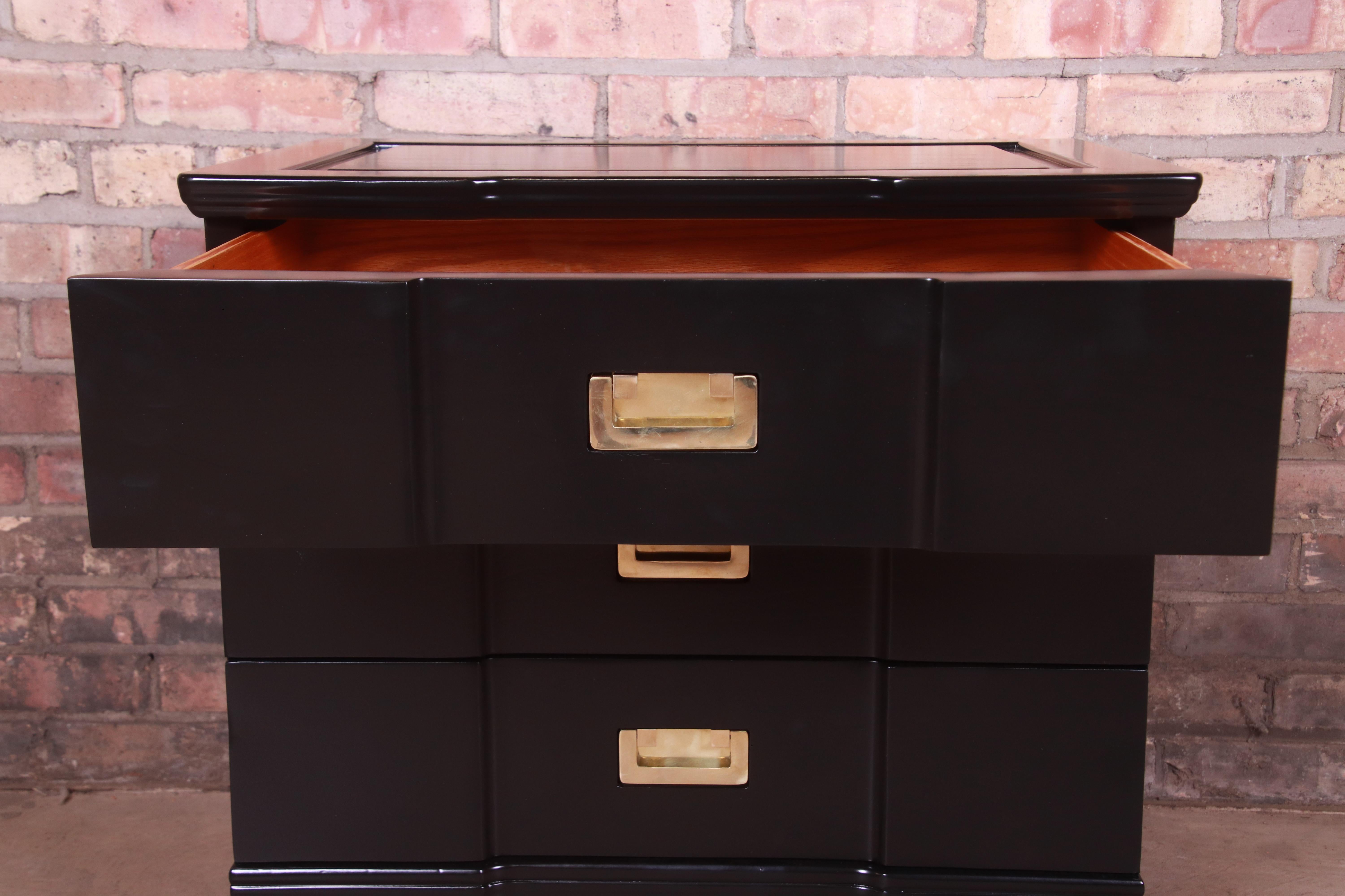 John Widdicomb Hollywood Regency Black Lacquered Bedside Chest, Newly Refinished 1