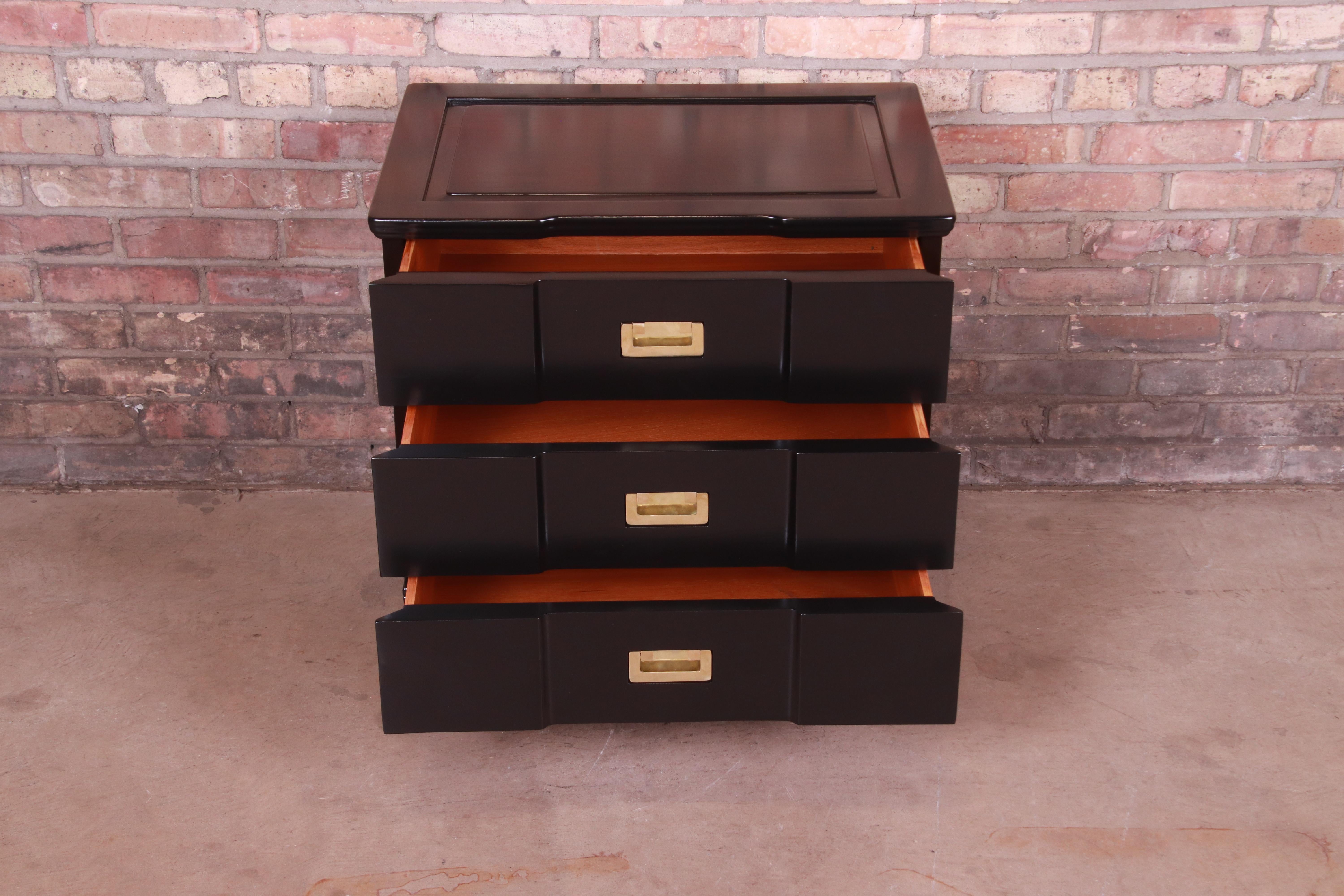 John Widdicomb Hollywood Regency Black Lacquered Bedside Chest, Newly Refinished 2