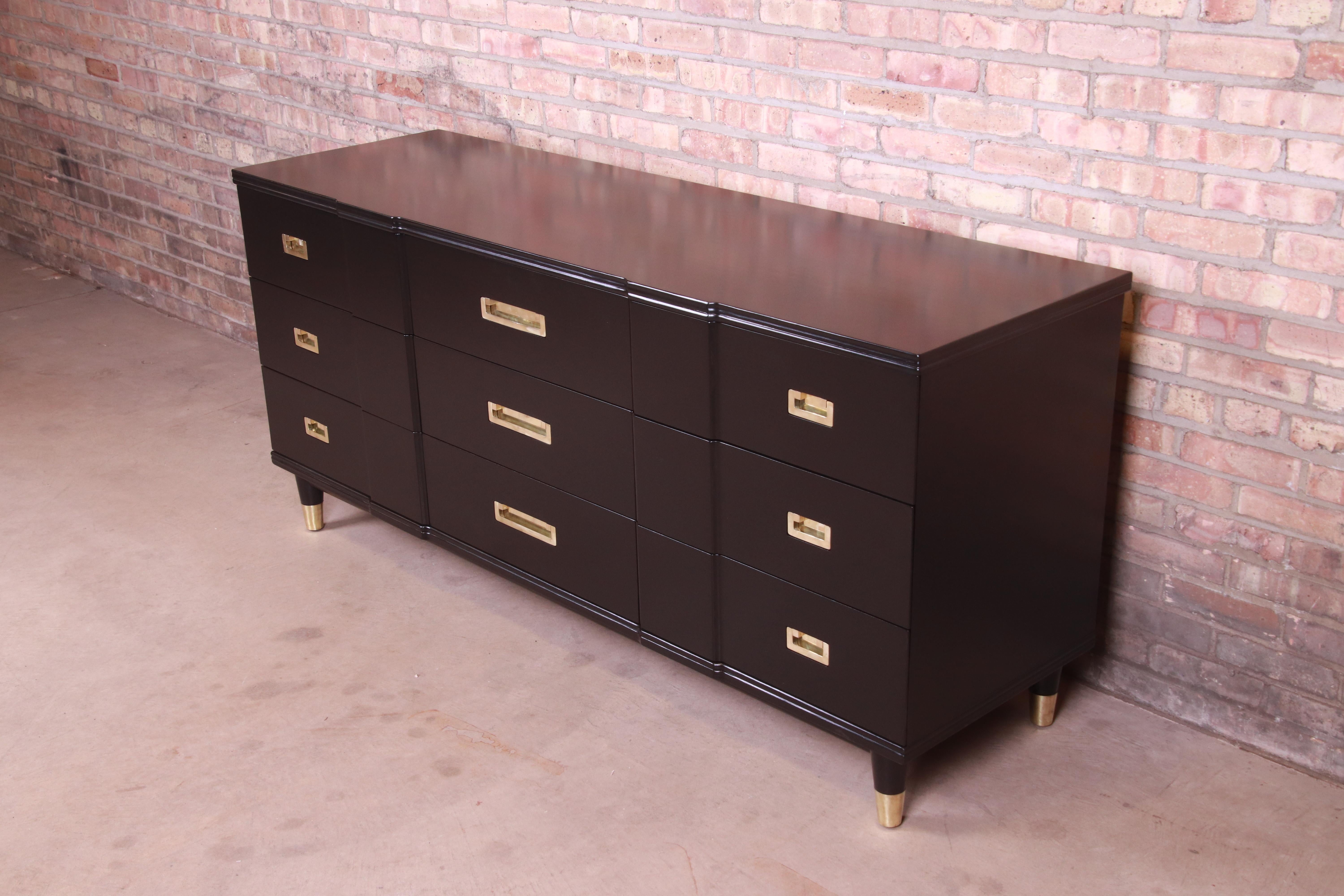 American John Widdicomb Hollywood Regency Black Lacquered Dresser, Newly Refinished