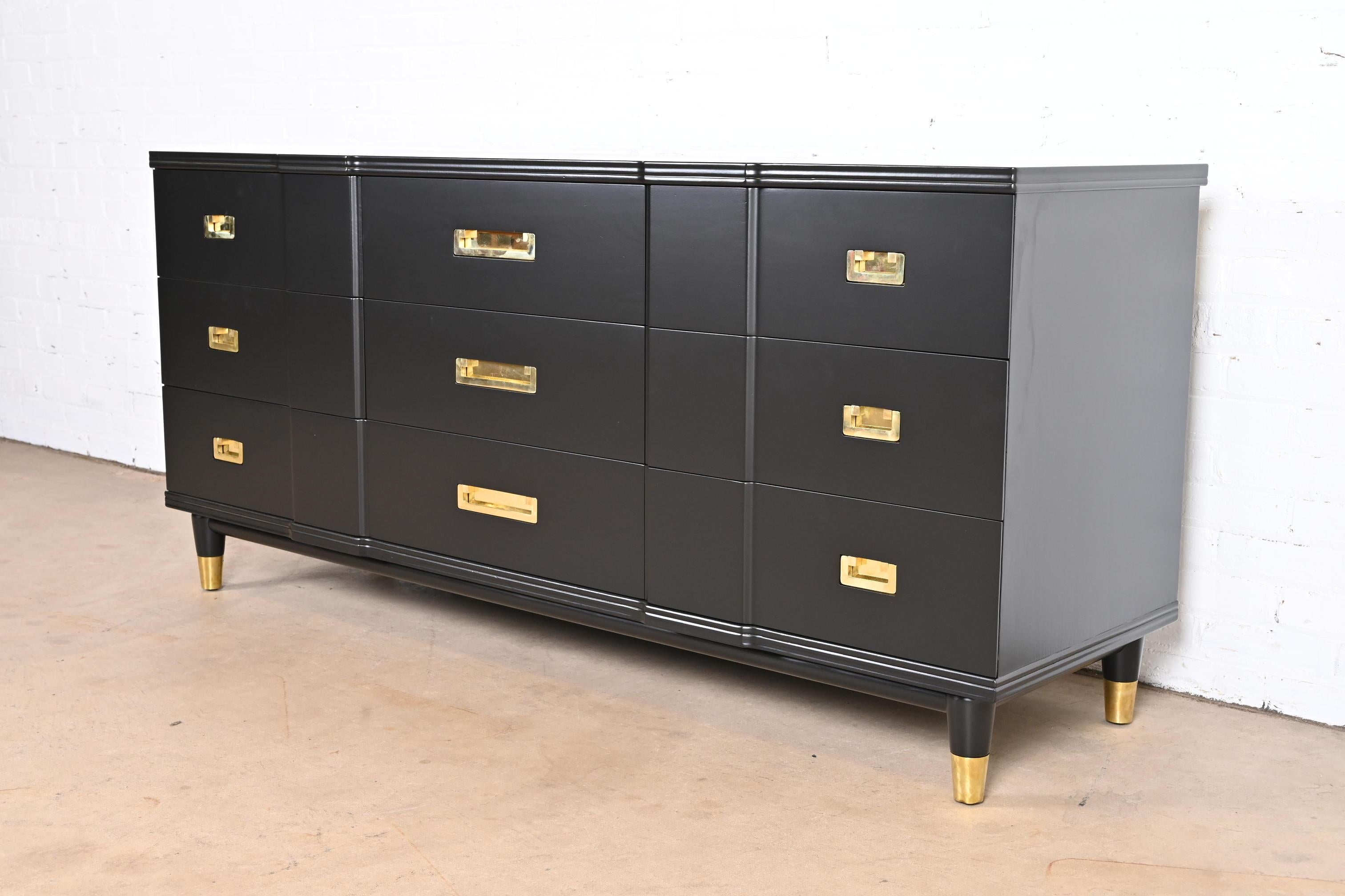 American John Widdicomb Hollywood Regency Black Lacquered Dresser, Newly Refinished