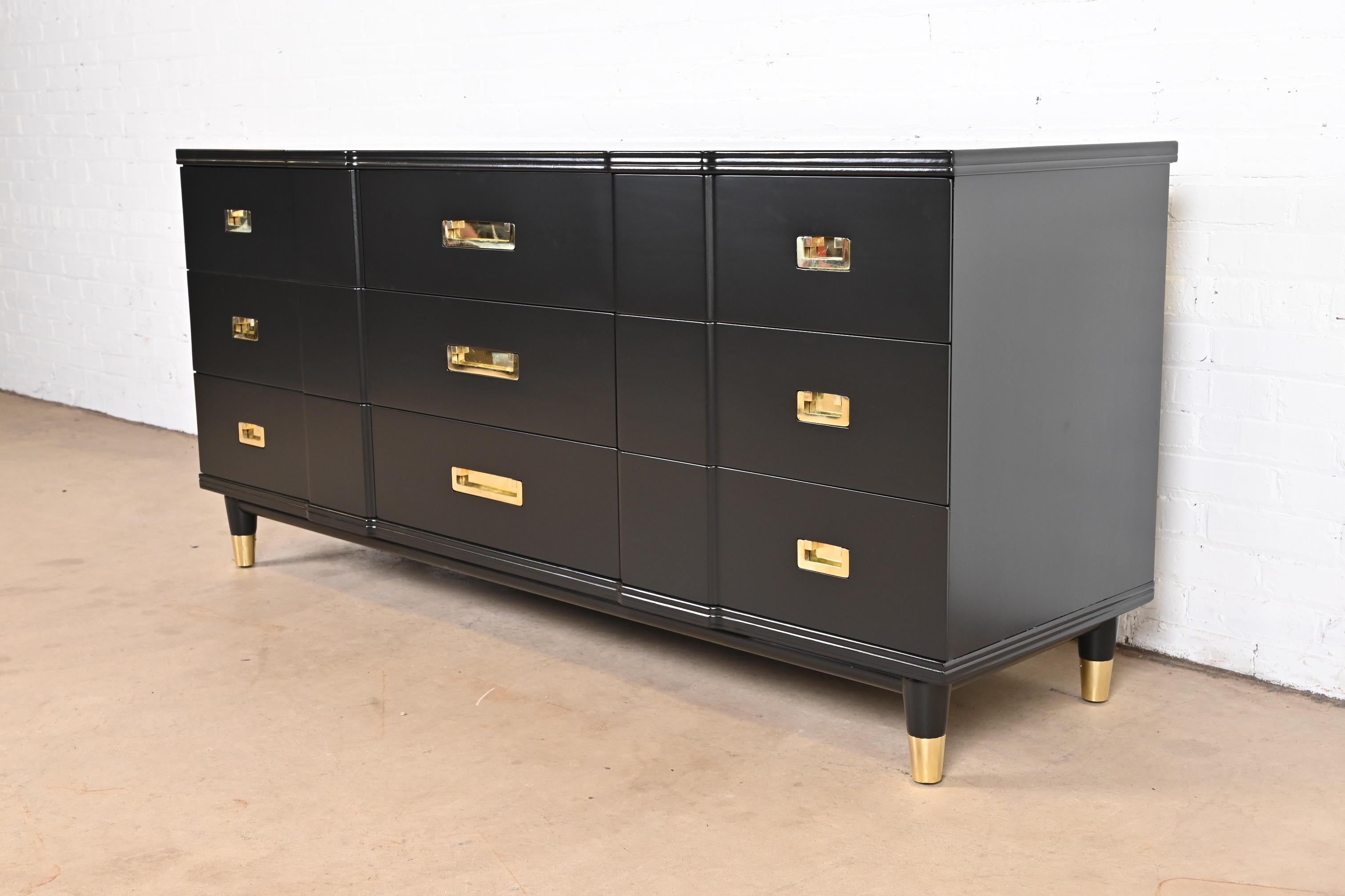 American John Widdicomb Hollywood Regency Black Lacquered Dresser, Newly Refinished For Sale