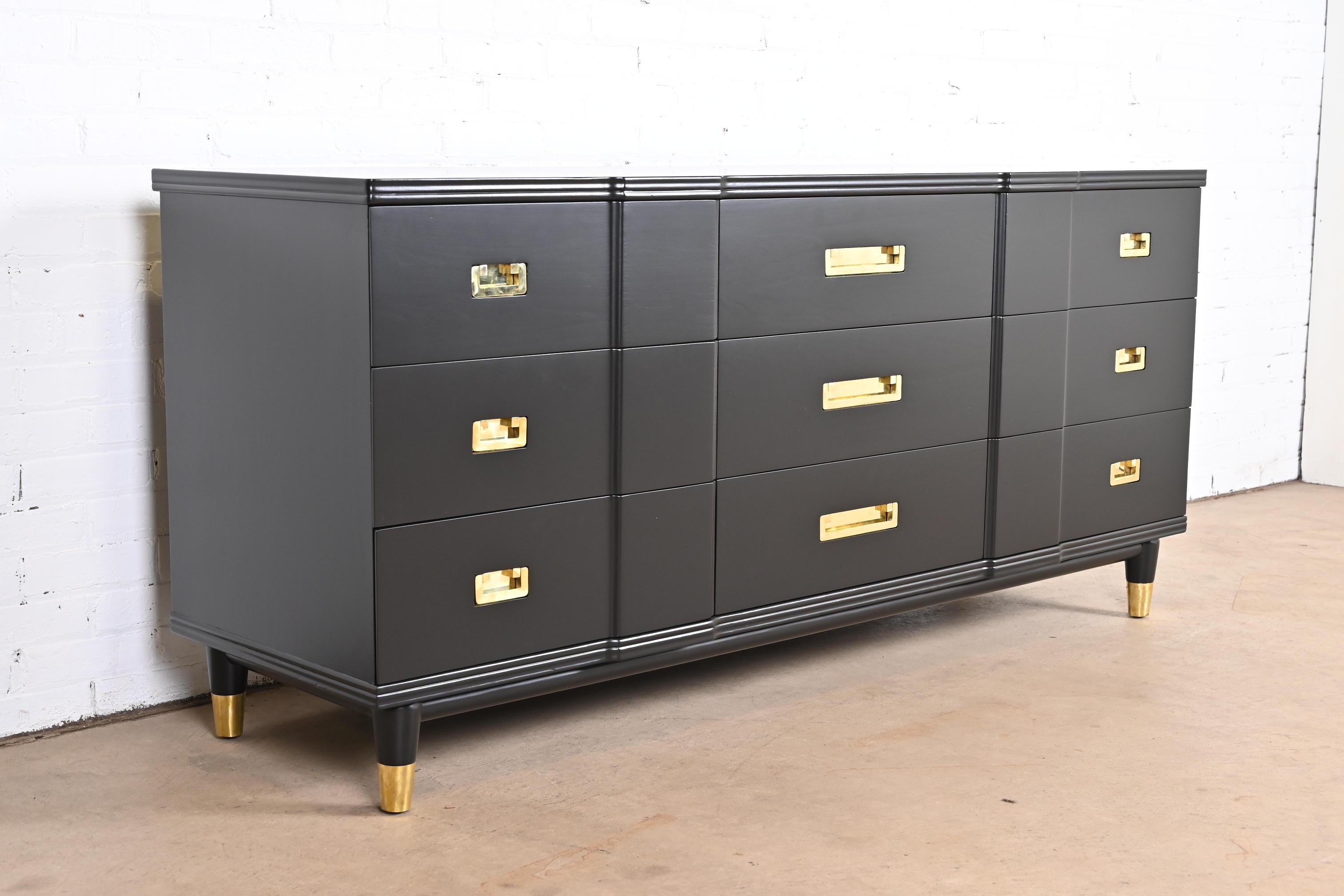 Mid-20th Century John Widdicomb Hollywood Regency Black Lacquered Dresser, Newly Refinished
