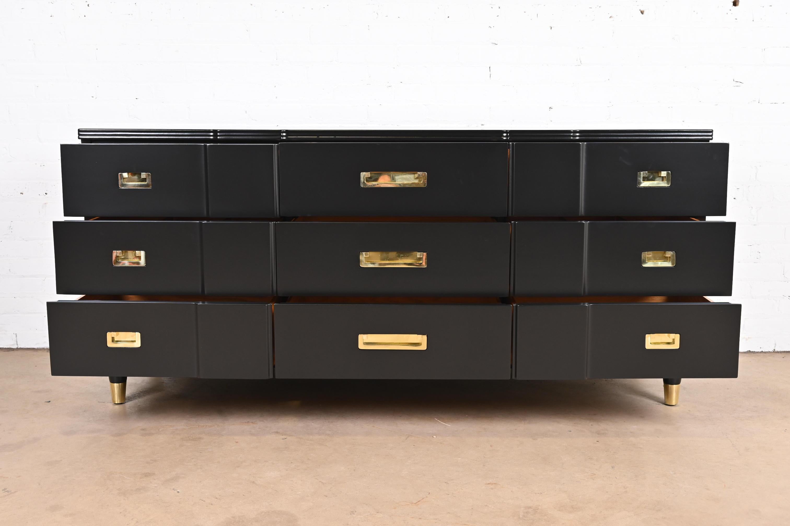 Brass John Widdicomb Hollywood Regency Black Lacquered Dresser, Newly Refinished For Sale