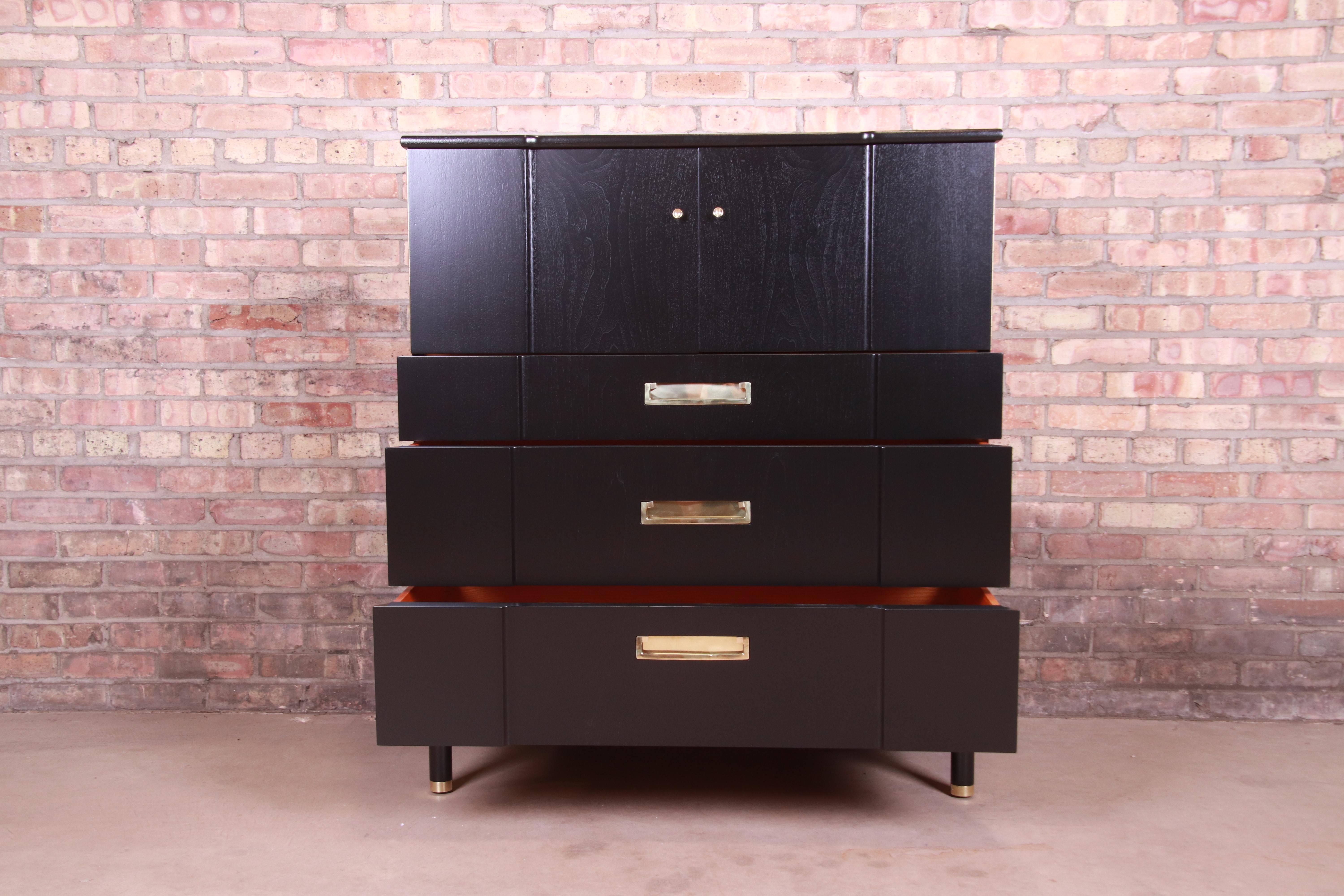 Brass John Widdicomb Hollywood Regency Black Lacquered Gentleman's Chest, Refinished