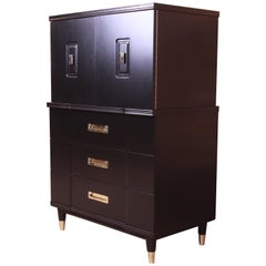 John Widdicomb Hollywood Regency Black Lacquered Gentleman's Chest, Refinished