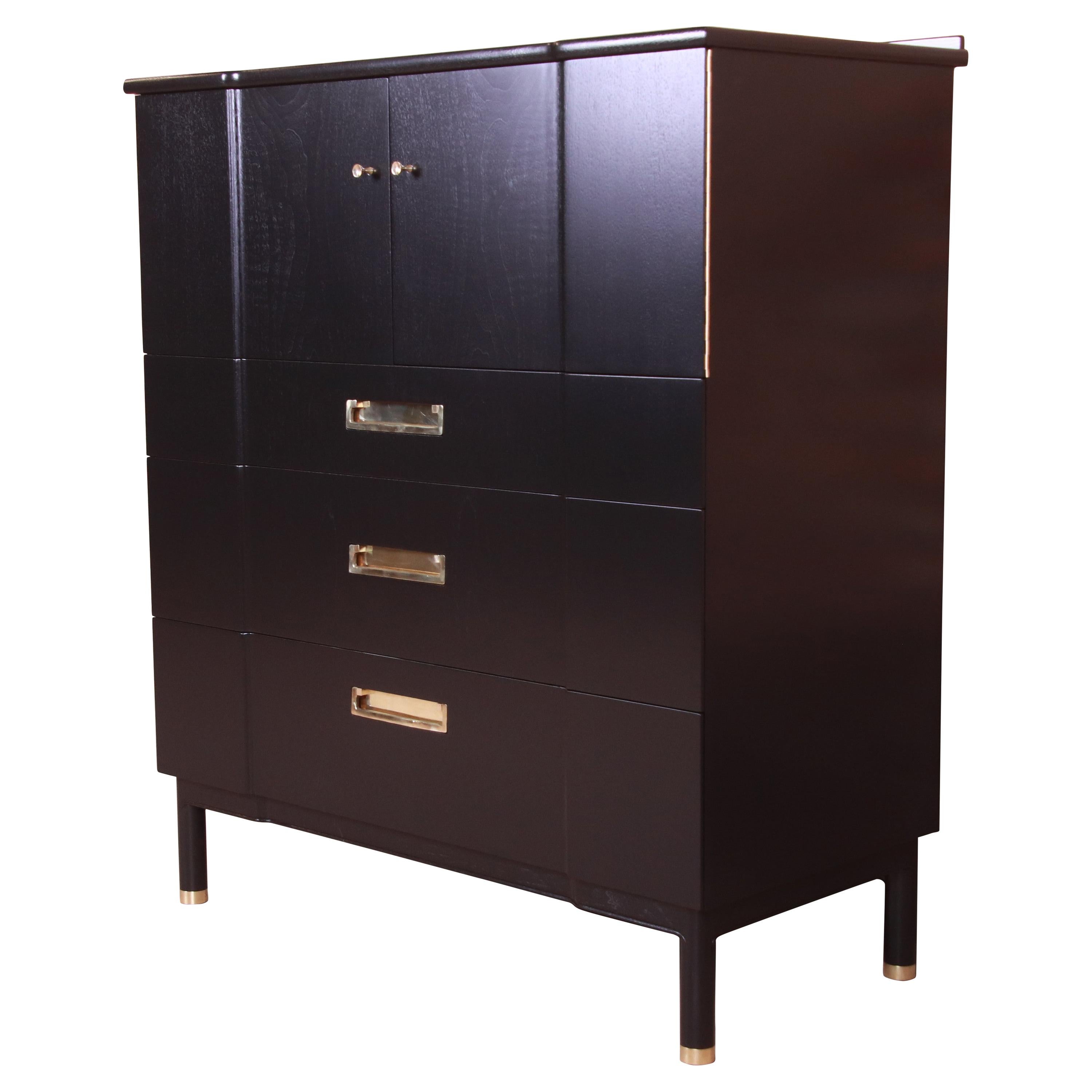 John Widdicomb Hollywood Regency Black Lacquered Gentleman's Chest, Refinished