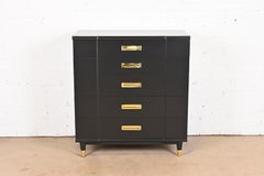 John Widdicomb Hollywood Regency Campaign Black Lacquered Highboy Dresser, 1950s