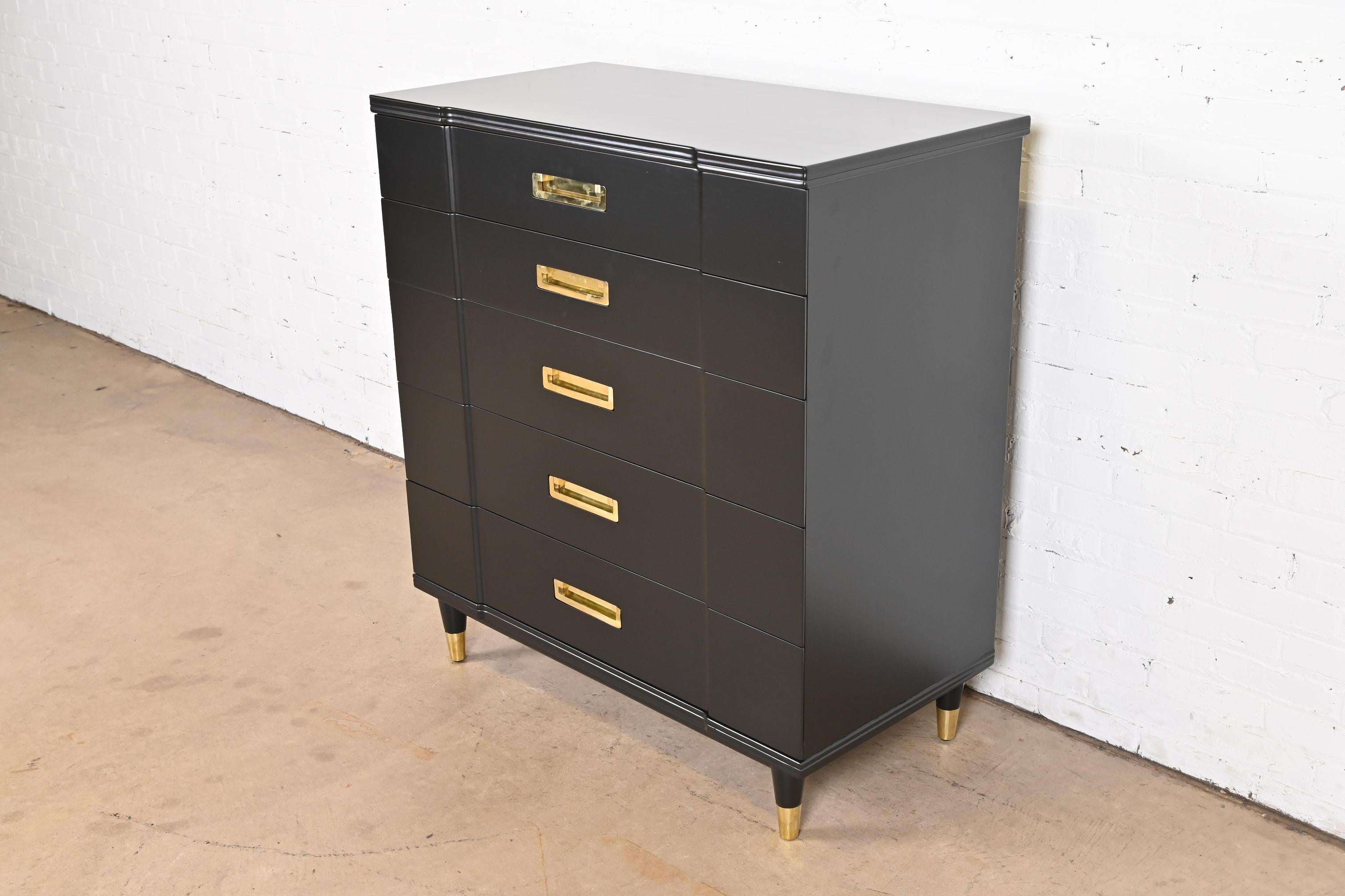 American John Widdicomb Hollywood Regency Campaign Black Lacquered Highboy Dresser, 1950s For Sale