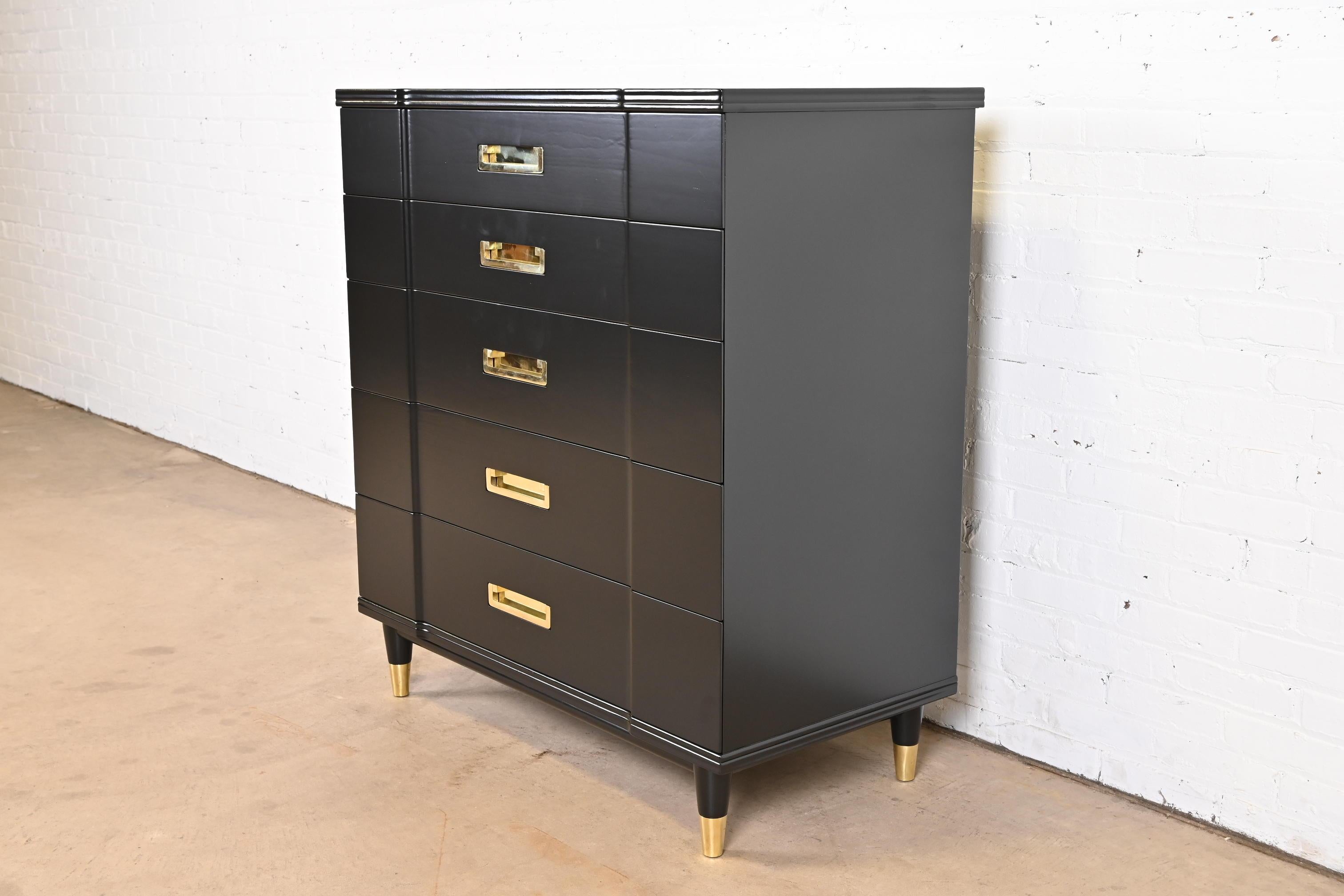 John Widdicomb Hollywood Regency Campaign Black Lacquered Highboy Dresser In Good Condition In South Bend, IN