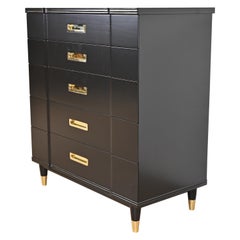 John Widdicomb Hollywood Regency Campaign Black Lacquered Highboy Dresser