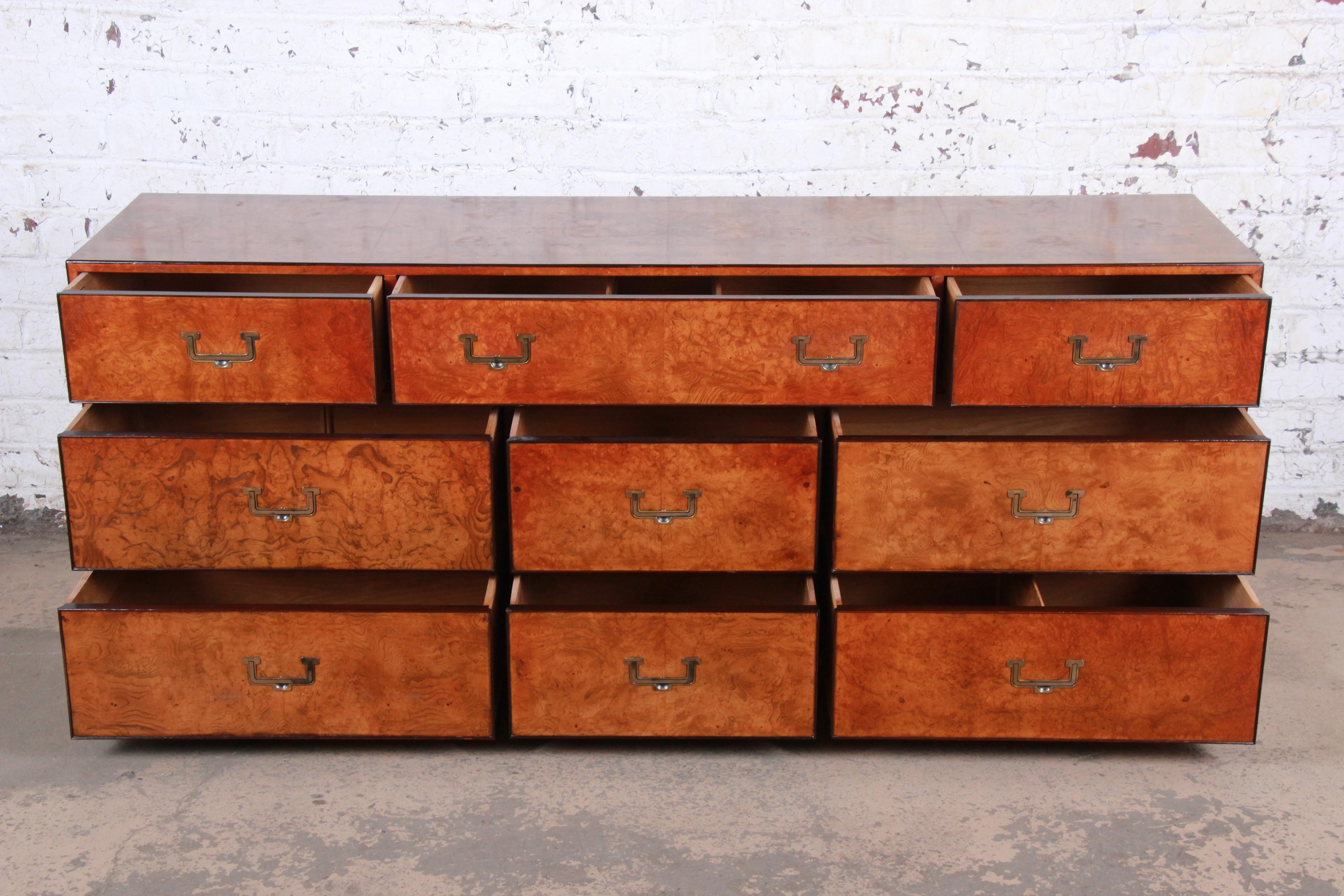 American John Widdicomb Hollywood Regency Campaign Burl Wood Long Dresser or Credenza