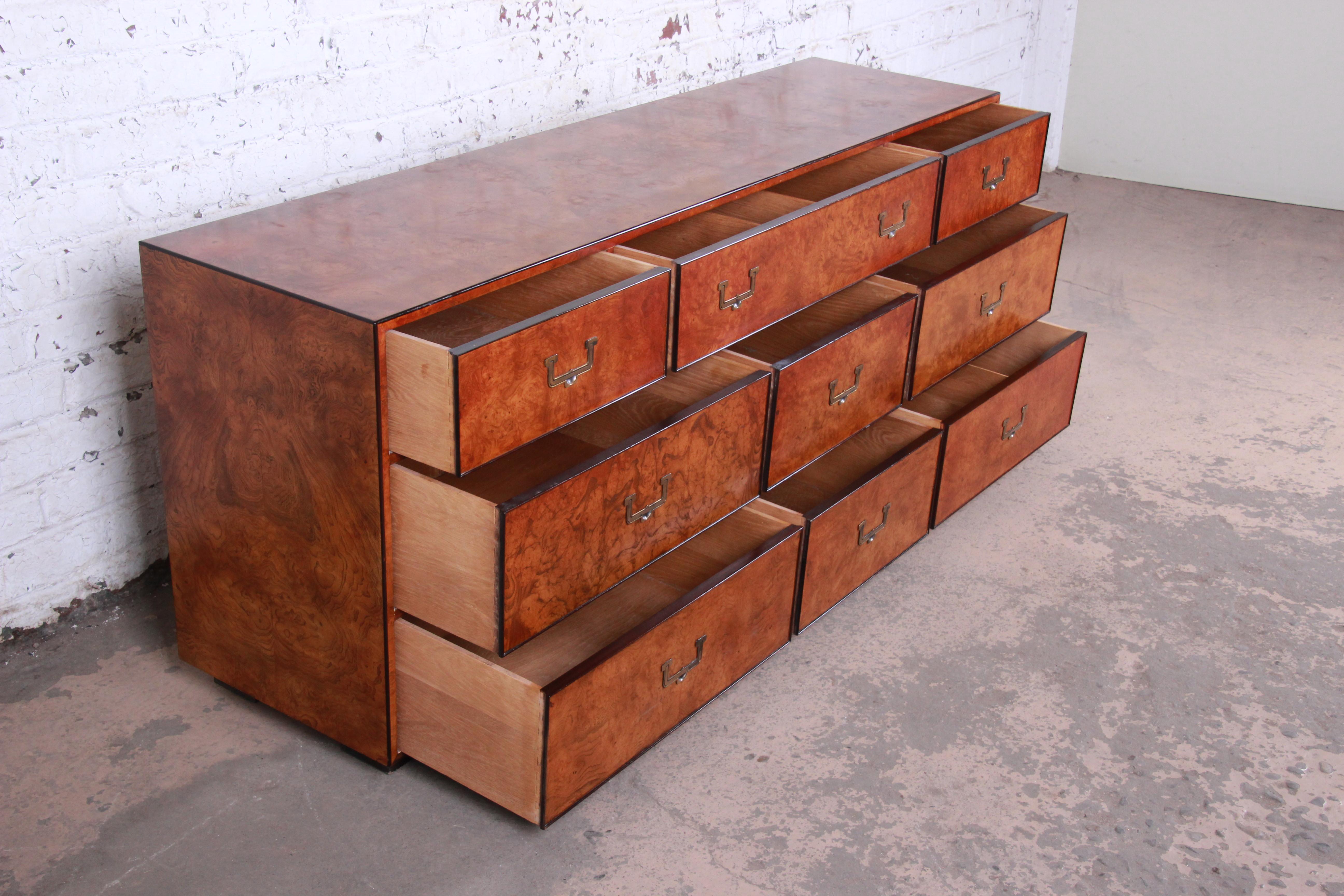 John Widdicomb Hollywood Regency Campaign Burl Wood Long Dresser or Credenza In Good Condition In South Bend, IN