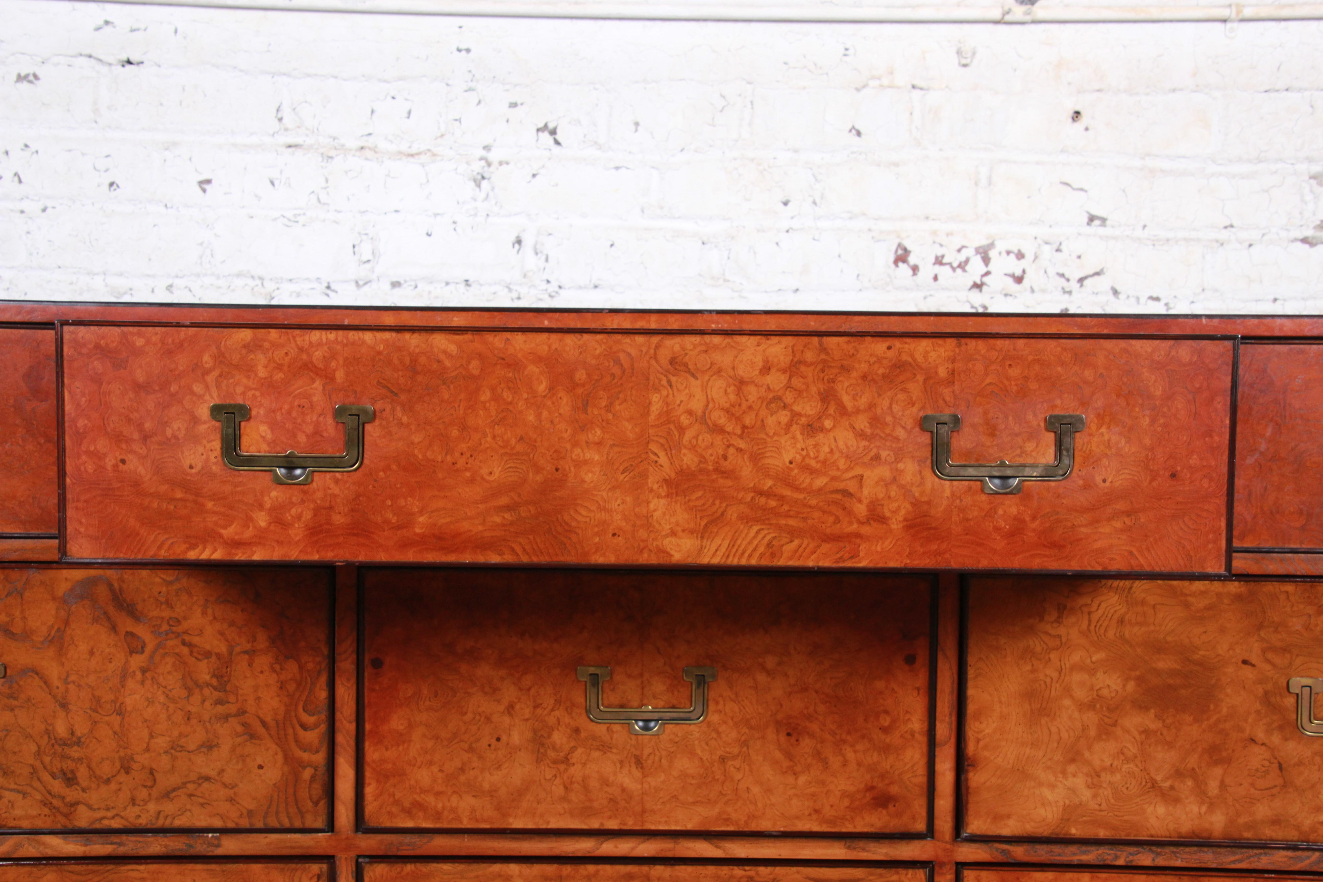 Late 20th Century John Widdicomb Hollywood Regency Campaign Burl Wood Long Dresser or Credenza