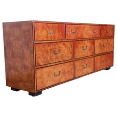 John Widdicomb Hollywood Regency Campaign Burl Wood Long Dresser or Credenza