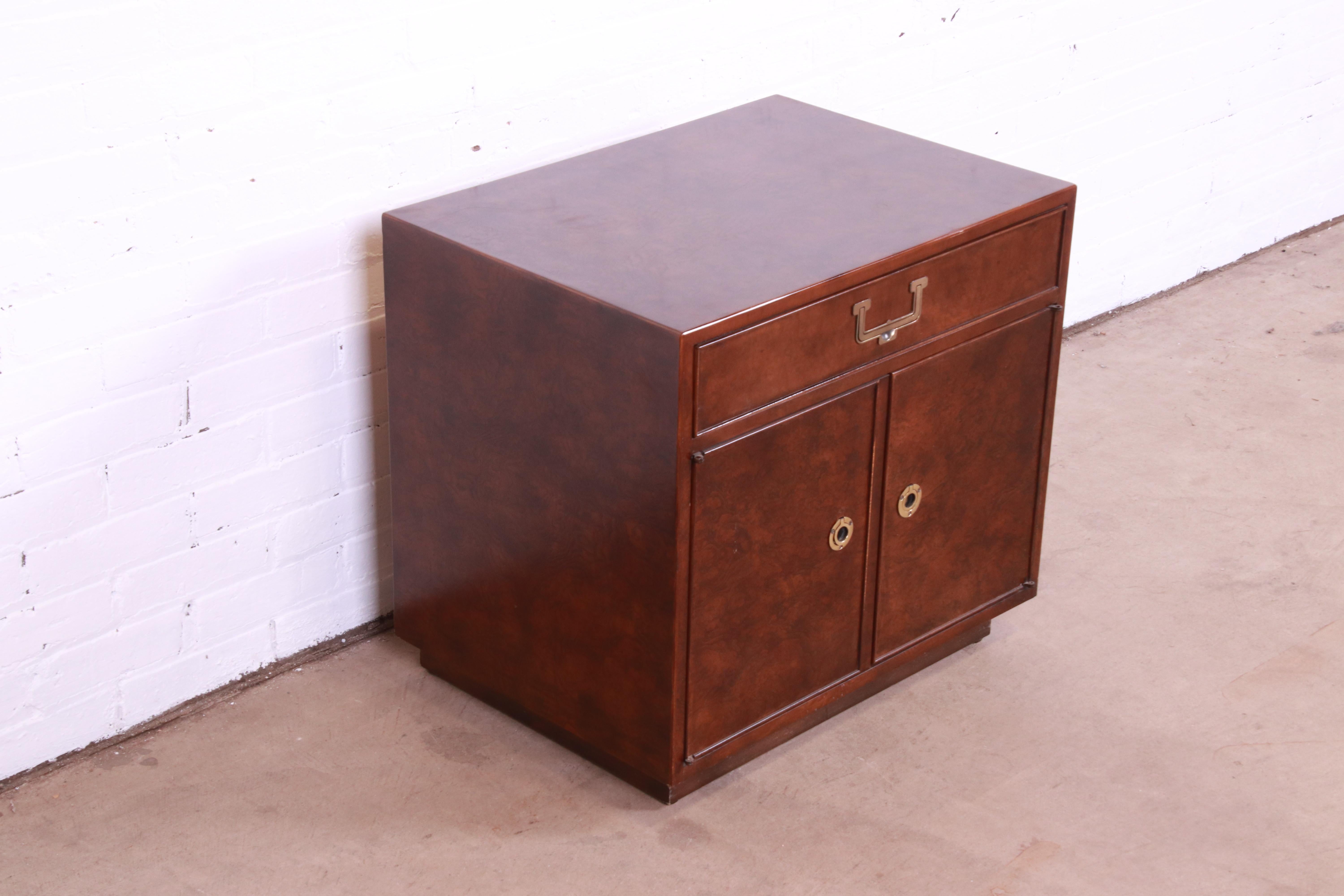 John Widdicomb Hollywood Regency Campaign Burl Wood Nightstand, circa 1970s In Good Condition In South Bend, IN