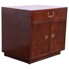 John Widdicomb Hollywood Regency Campaign Burl Wood Nightstand, circa 1970s